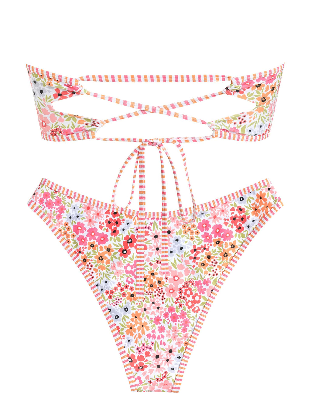 ZAFUL Women's Bandeau Bikini V Strapless Confetti Colorblock Tie Back High Cut Two Piece Swimsuit Bathing Suits (1-Floral Pink, M)