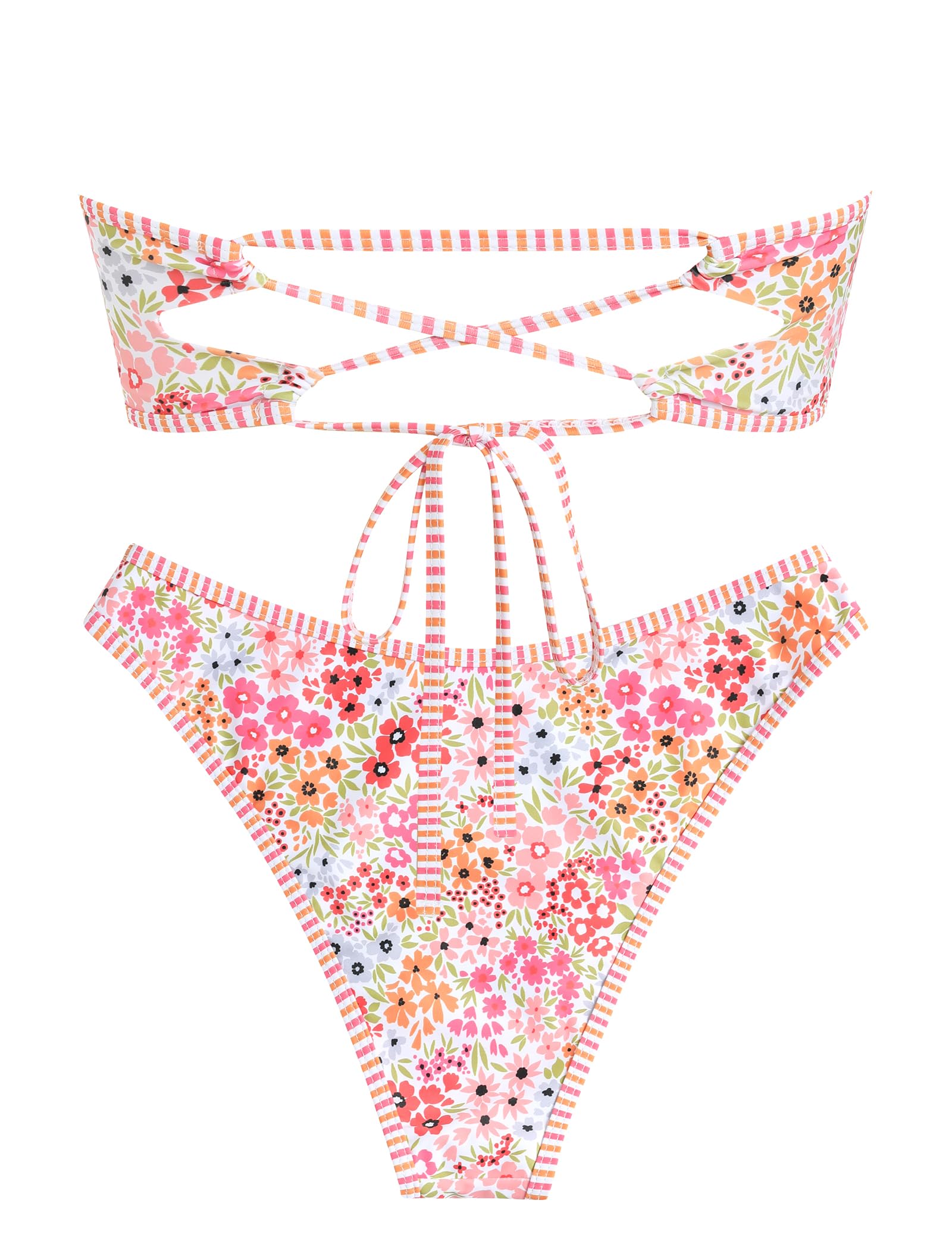ZAFUL Women's Bandeau Bikini V Strapless Confetti Colorblock Tie Back High Cut Two Piece Swimsuit Bathing Suits (1-Floral Pink, M)