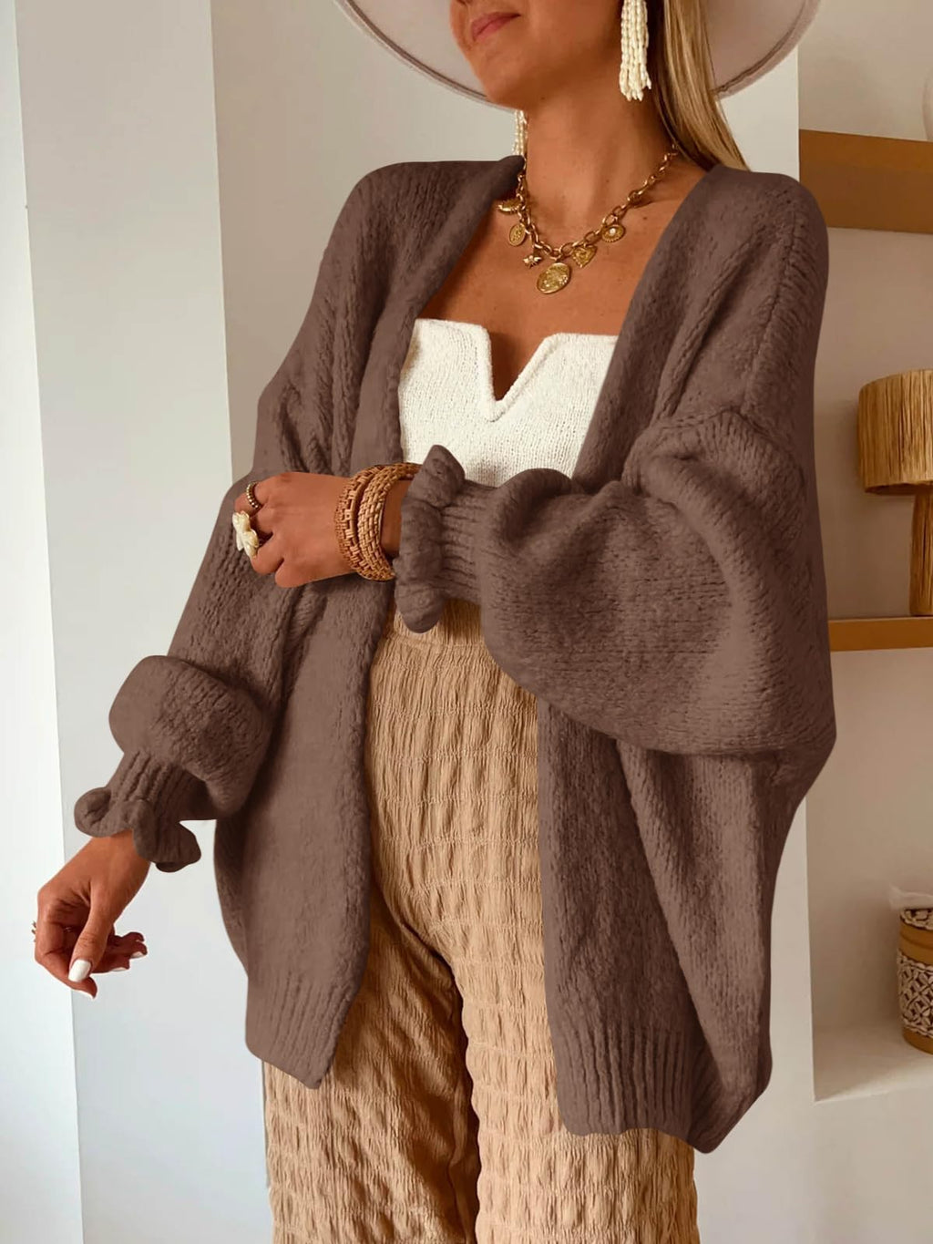 Saodimallsu Womens Oversized Open Front Cardigan Fall Ruffle Lantern Long Sleeve Chunky Knit Loose Sweater Coats Coffee