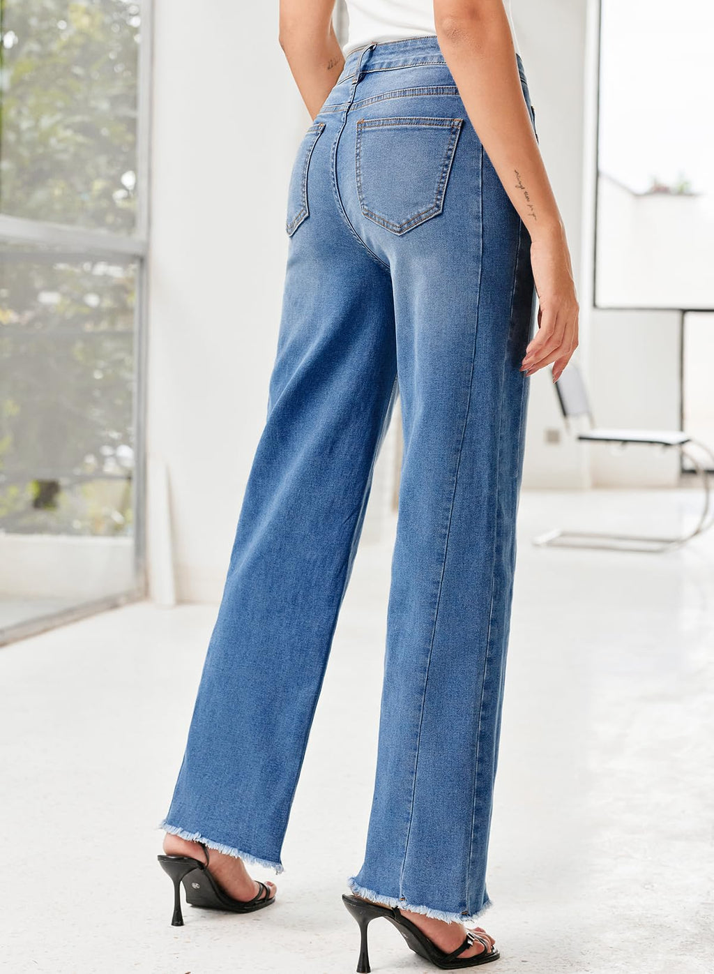 Sidefeel Women's Wide Leg Jeans High Waisted Stretchy Raw Hem Denim Pants Size 16 Blue