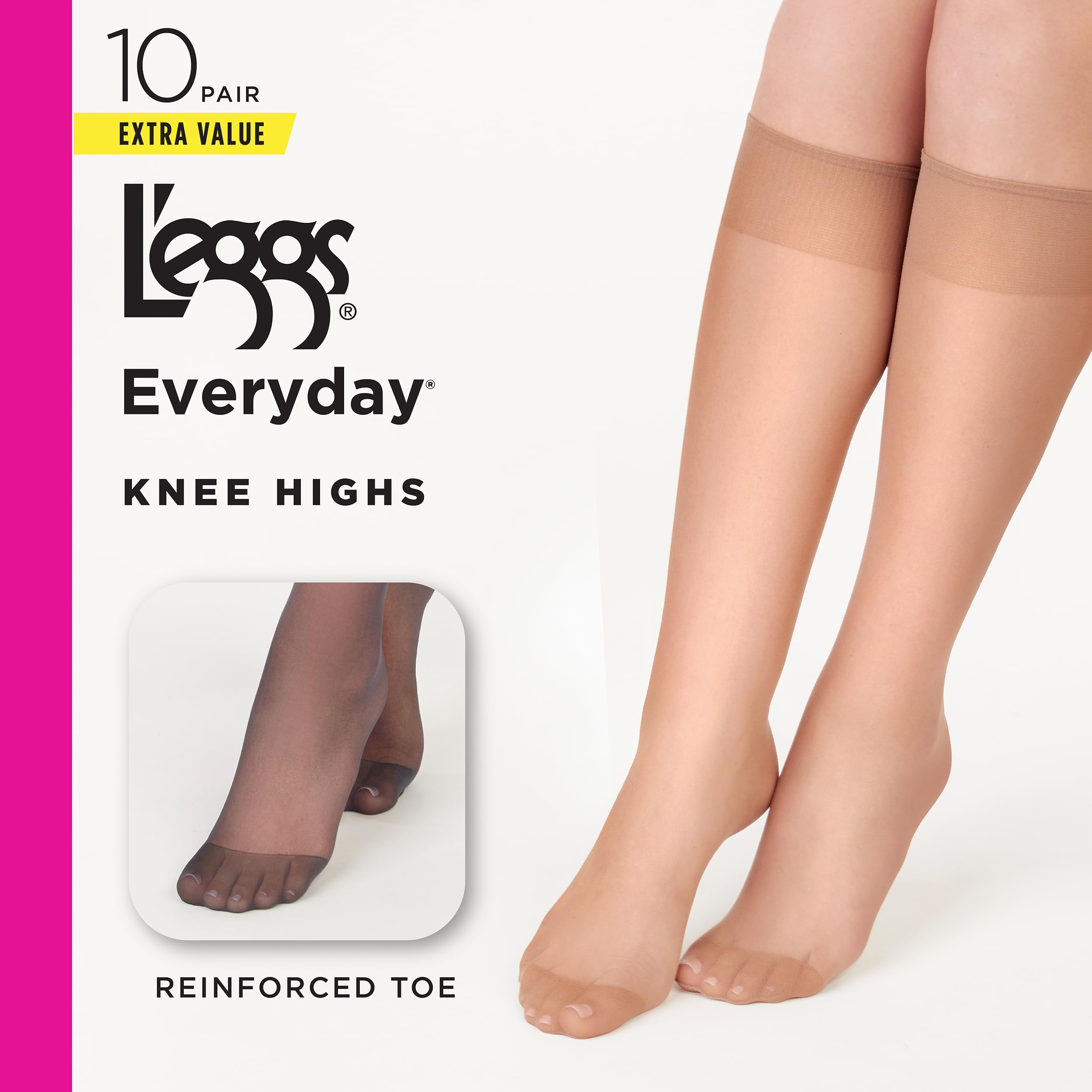 L'eggs Everyday Knee High Stockings, Reinforced Toe, 100% Nylon, Nude, One Size (Pack of 10)