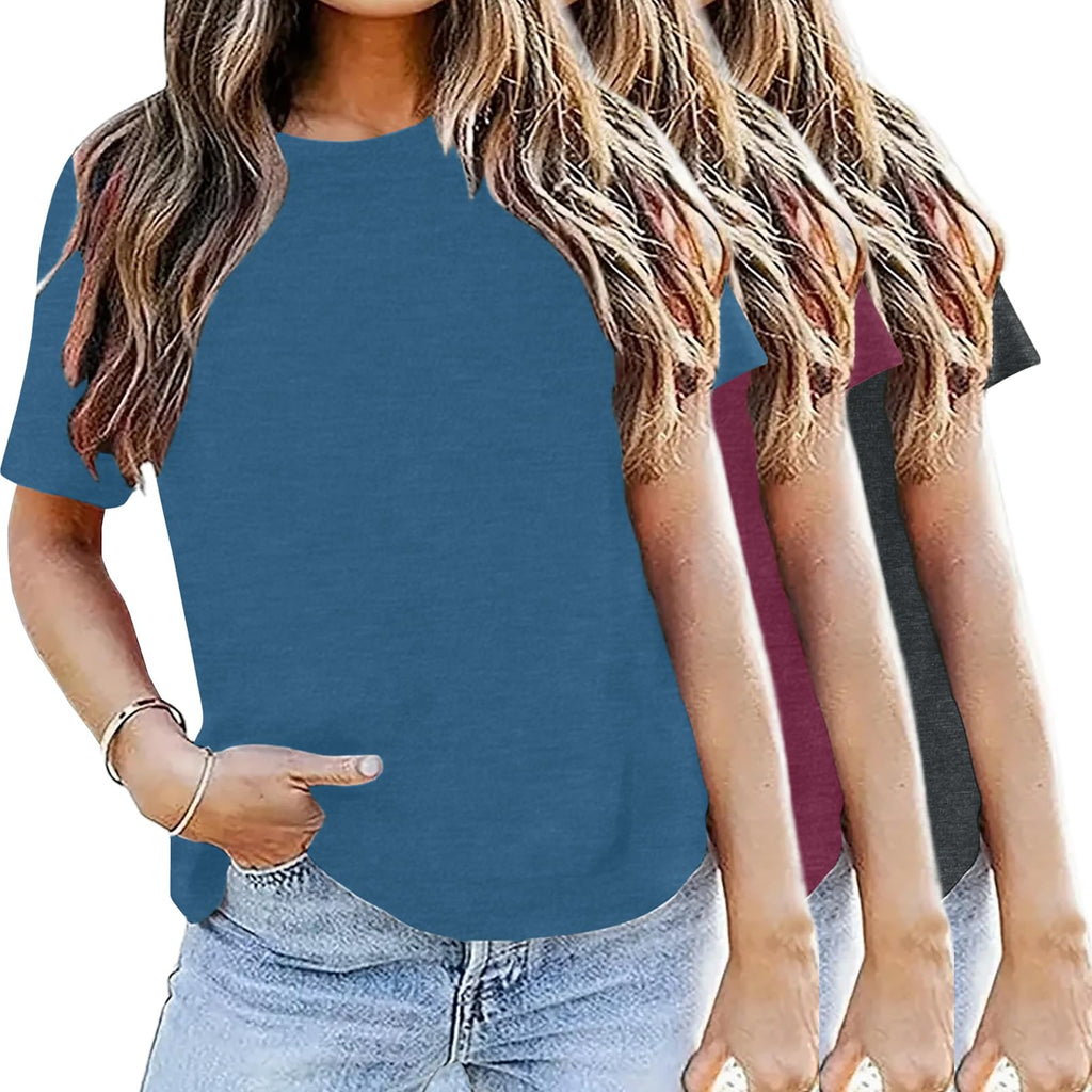 BLACKMYTH Womens 3 Pack Basic T Shirts Summer Tops 2026 Fashion Short Sleeve Comfy Casual Vacation Tees Indigo WineRed Darkgrey X-Large