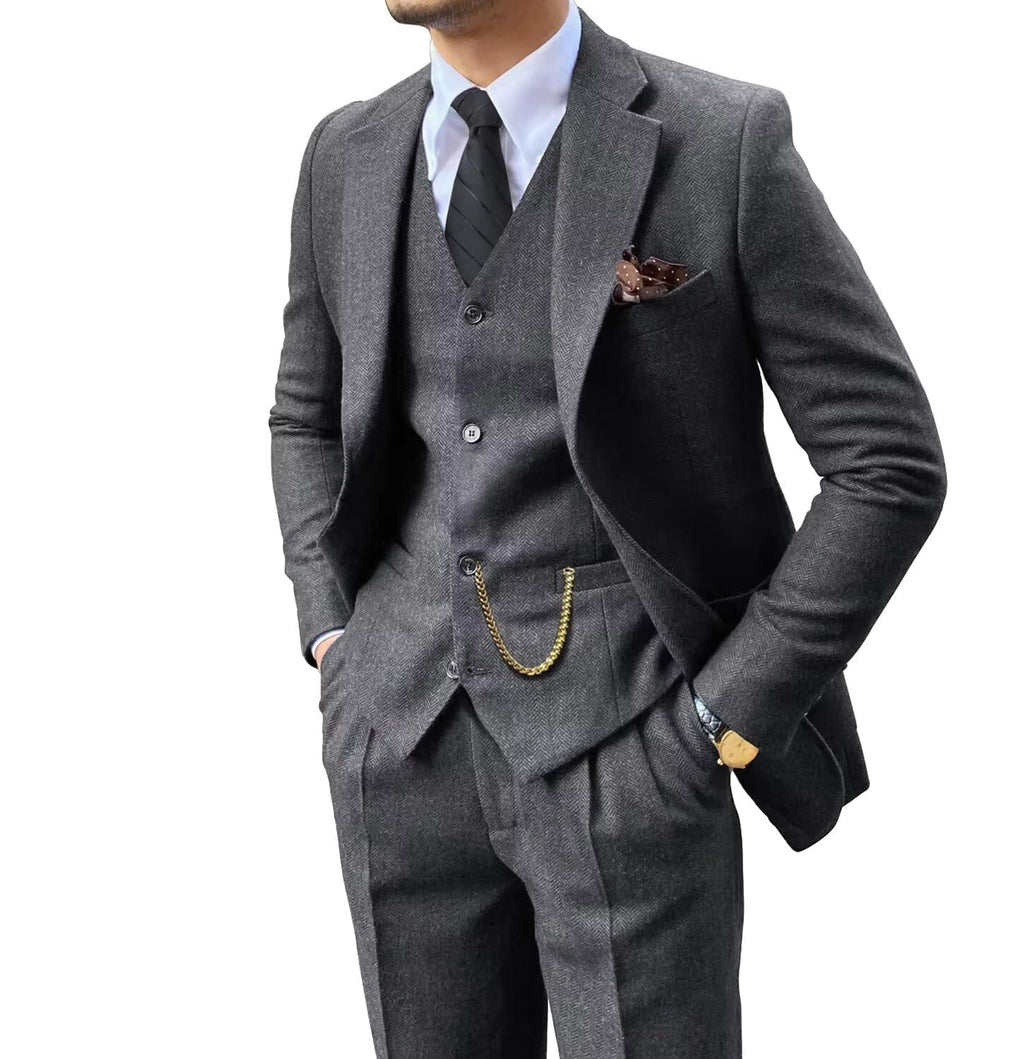 Herringbone Tweed 3 Piece Mens Suits Wool Blend Formal Party Dinner Tuxedo Set Business Suit Jacket Blazer Vest Pants for Men Grey Gray M