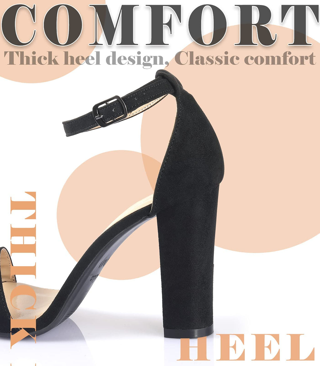 Ankis Black Heels for Women - Open Toe Ankle Strap Chunky High Heel Pump Sandals Party Wedding Strappy Buckle Sandals Standard Size 4 Inches Tall Thick Heel Design