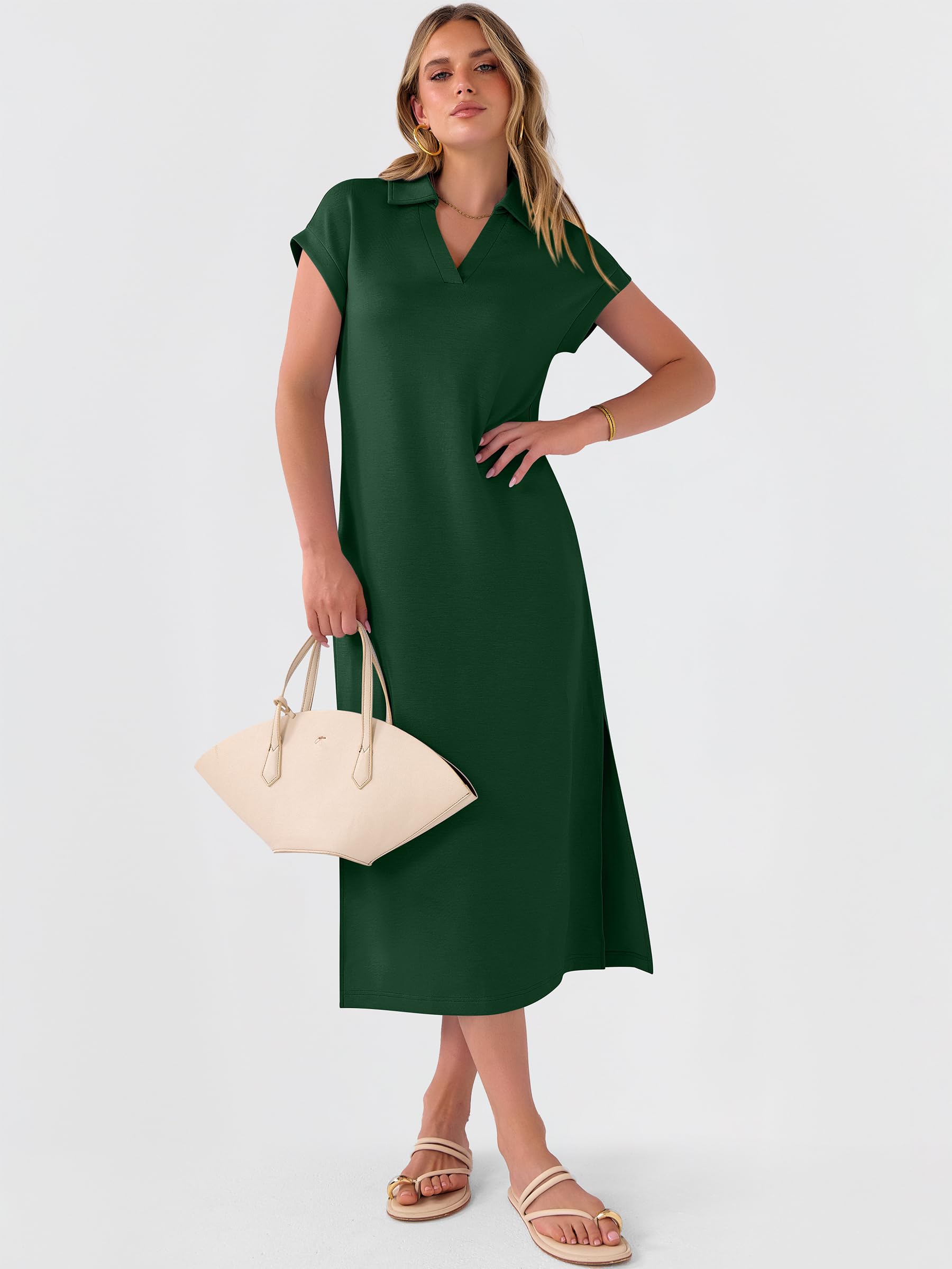 ANRABESS Womens Summer Casual Midi Dresses Short Sleeve Polo V Neck Loose Split Wrinkle-Free Beach Vacation Tshirt Maxi Dress Forest Green Large