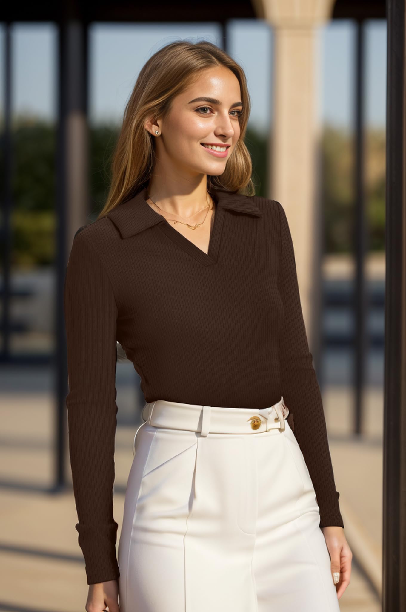 WIHOLL Fall Outfits for Women 2026 Fashion Long Sleeve Shirts Business Casual Tops V Neck Old Money Clothes Thermal Sweaters Coffee S