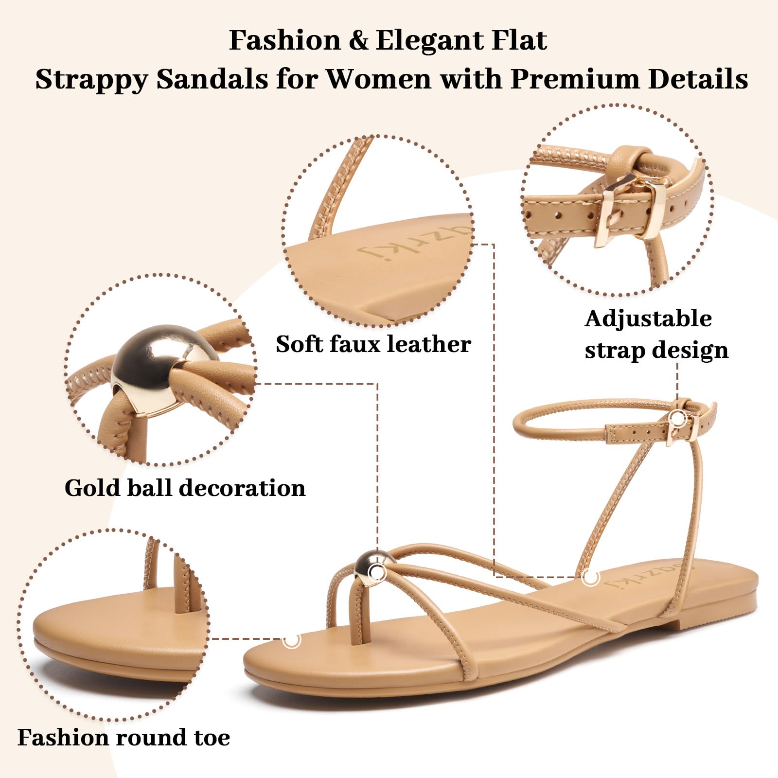 Sqzrkj Strappy Flat Sandals for Women Comfortable Open Round Toe Ankle Strap Thong Flip Flops Sandals Summer Beach Dressy Shoes Brown Size 6