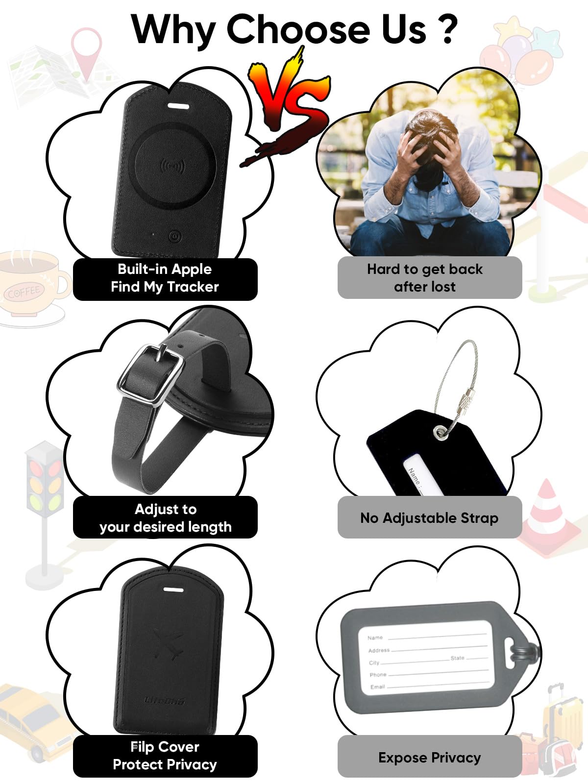 Luggage Tags Built-in Anti-Loss Tracker, Luxury Leather Luggage Tags for Suitcase, Travel Bags, Backpacks, Travel Organizer for Lost Baggage Prevention (Black*1 Pack)