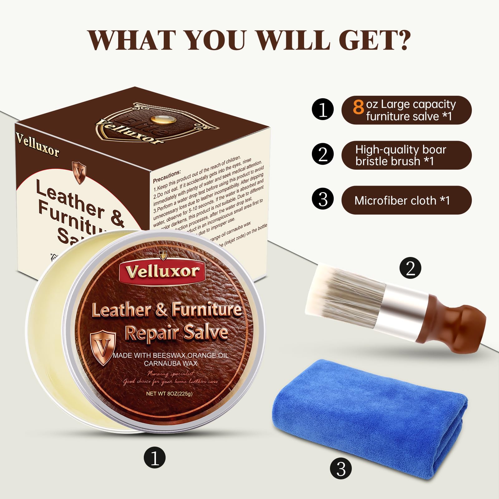 Velluxor® Leather Cleaner and Conditioner, Premium Wooden & Leather Furniture Repair Salve, Polisher & Moisturizer, Restores & Protects for Handbags, Car Seats, Boots, Jackets, Couch & Saddles, 8 oz
