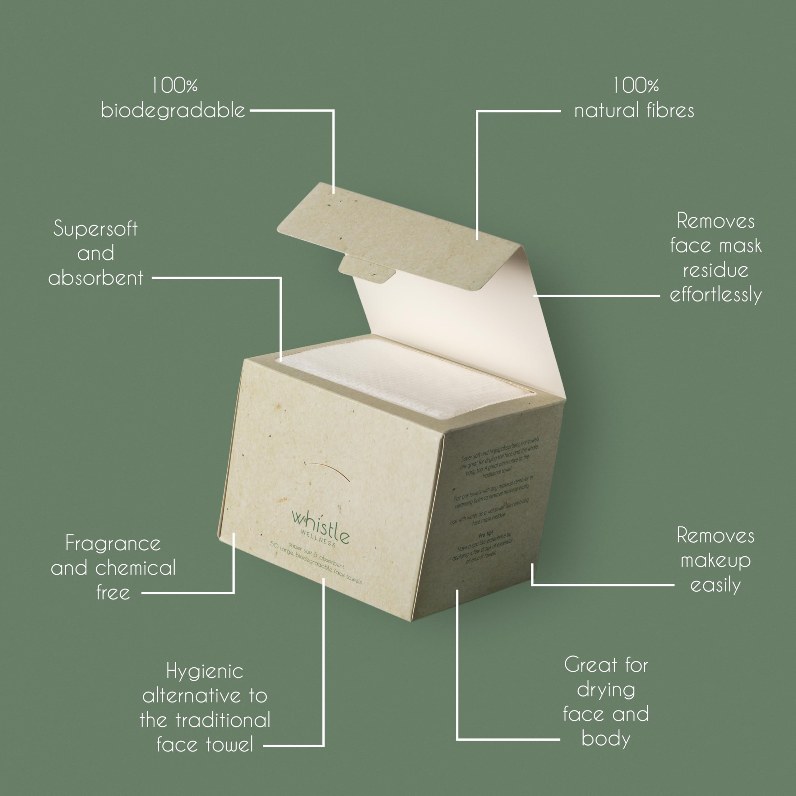 Whistle Wellness® Disposable Face Towel 10"×12", Resealable Box, Biobased Plant Based Ultra Soft, Thickness Face Towelettes XL, Makeup Remover Dry Wipes for Sensitive Skin, 50 Count (1 Pack)