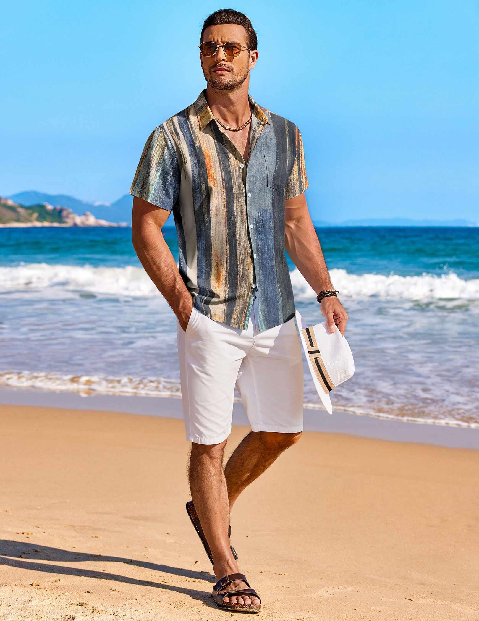 COOFANDY Mens Hawaiian Shirts Short Sleeve Button Down Shirts Casual Summer Shirts for Men, Striped - Oil Painting, Large