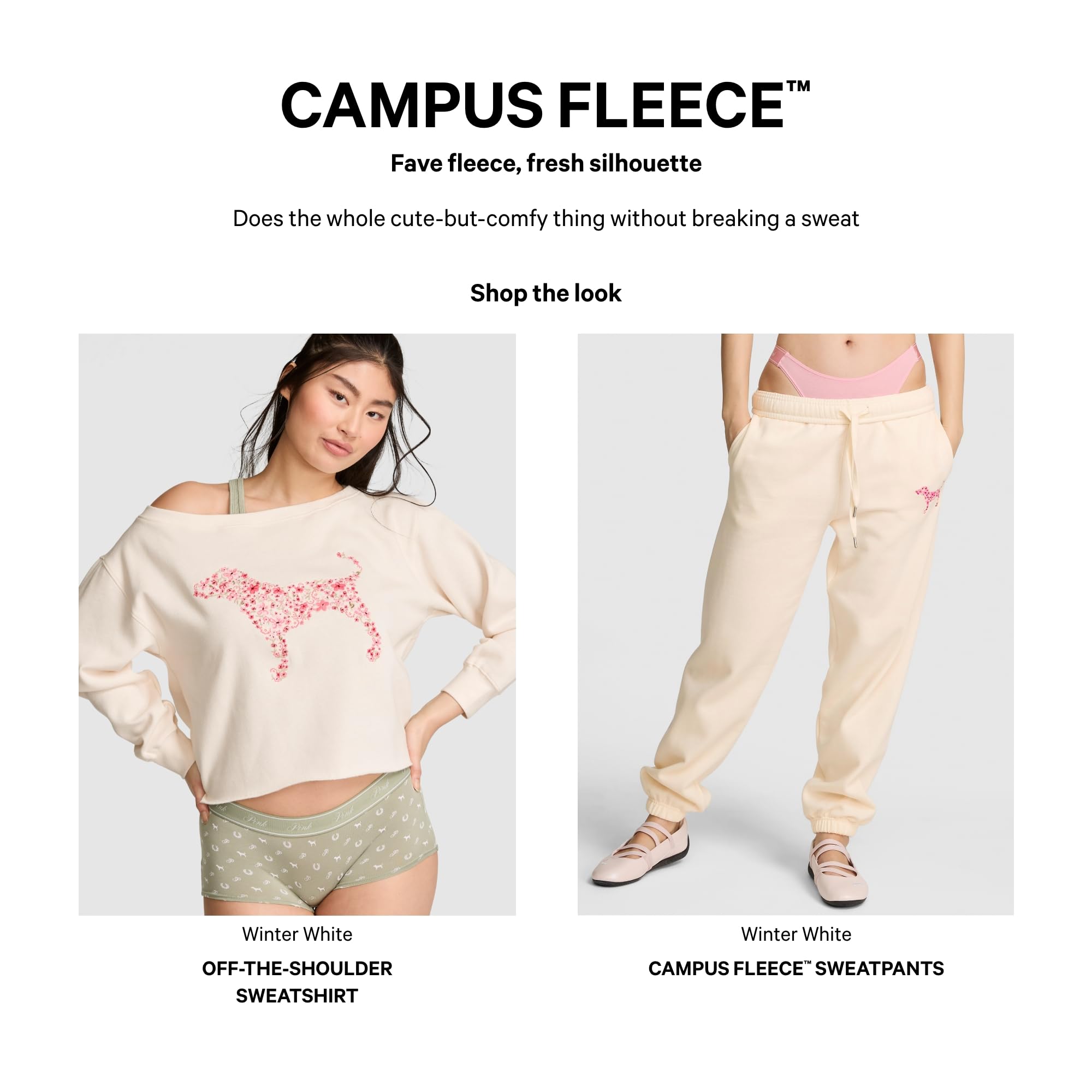 Victoria's Secret Pink Women's Campus Fleece Sweatpants,Winter White, (M)