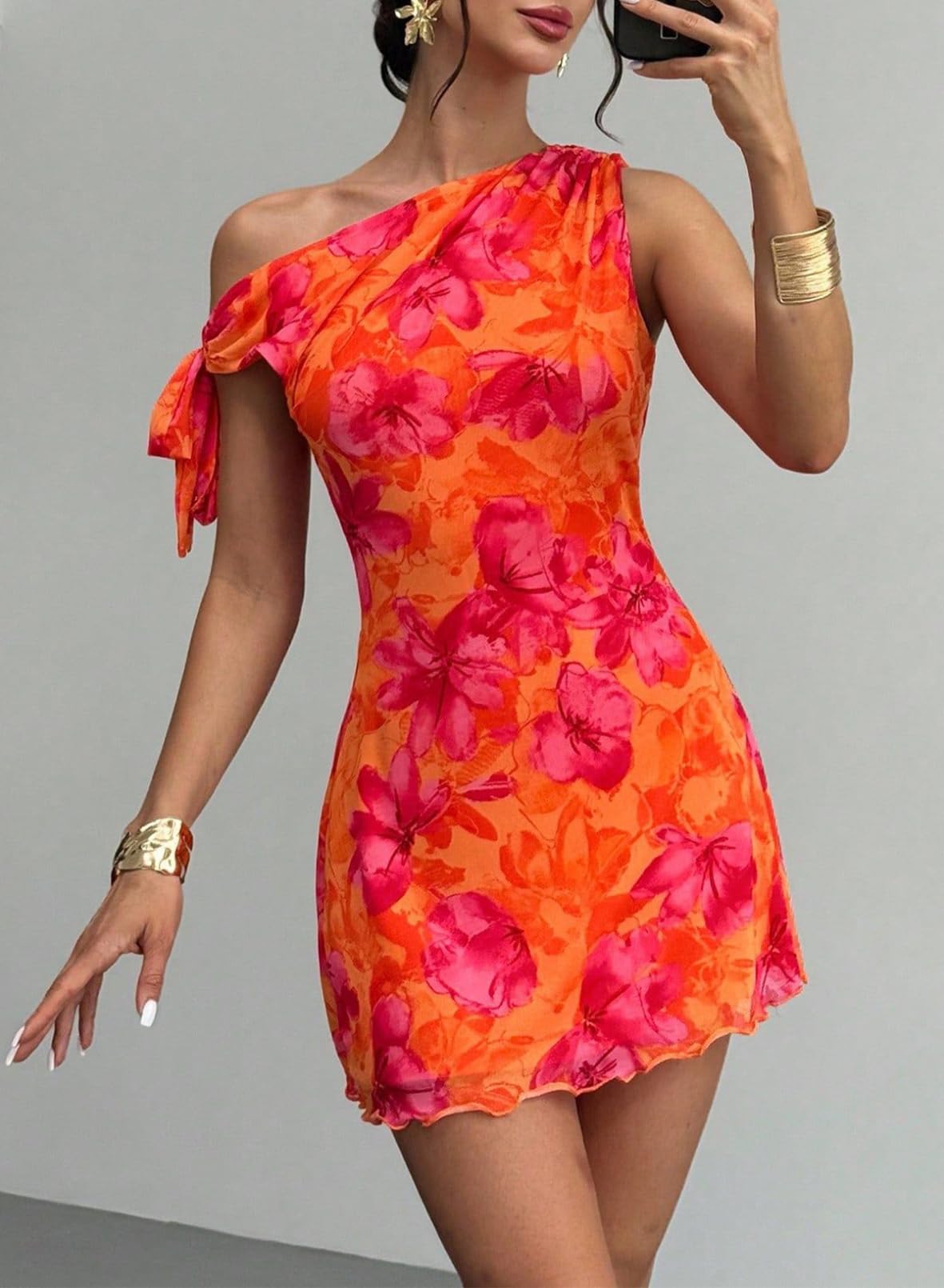 Acelitt Women's Fashion 2026 Summer Floral Off Shoulder Bodycon Dress Cocktail Party Mini Dresses Orange Medium