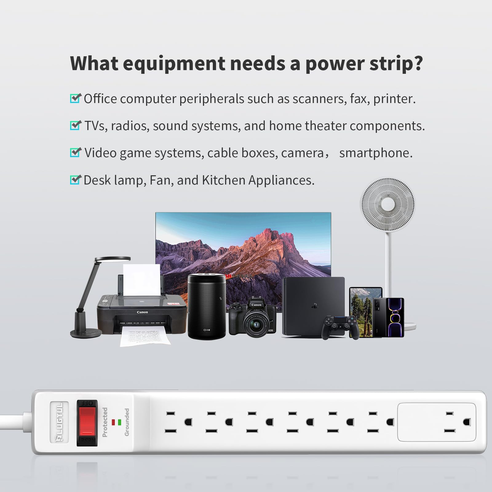 PLUGTUL 15FT Surge Protector (900 Joules), Flat Plug Power Strip, 15FT Extension Cord with Multiple Outlets, 7 Outlets, ETL Listed, 14 Gauge, Wall Mountable for Home Office Garage, White