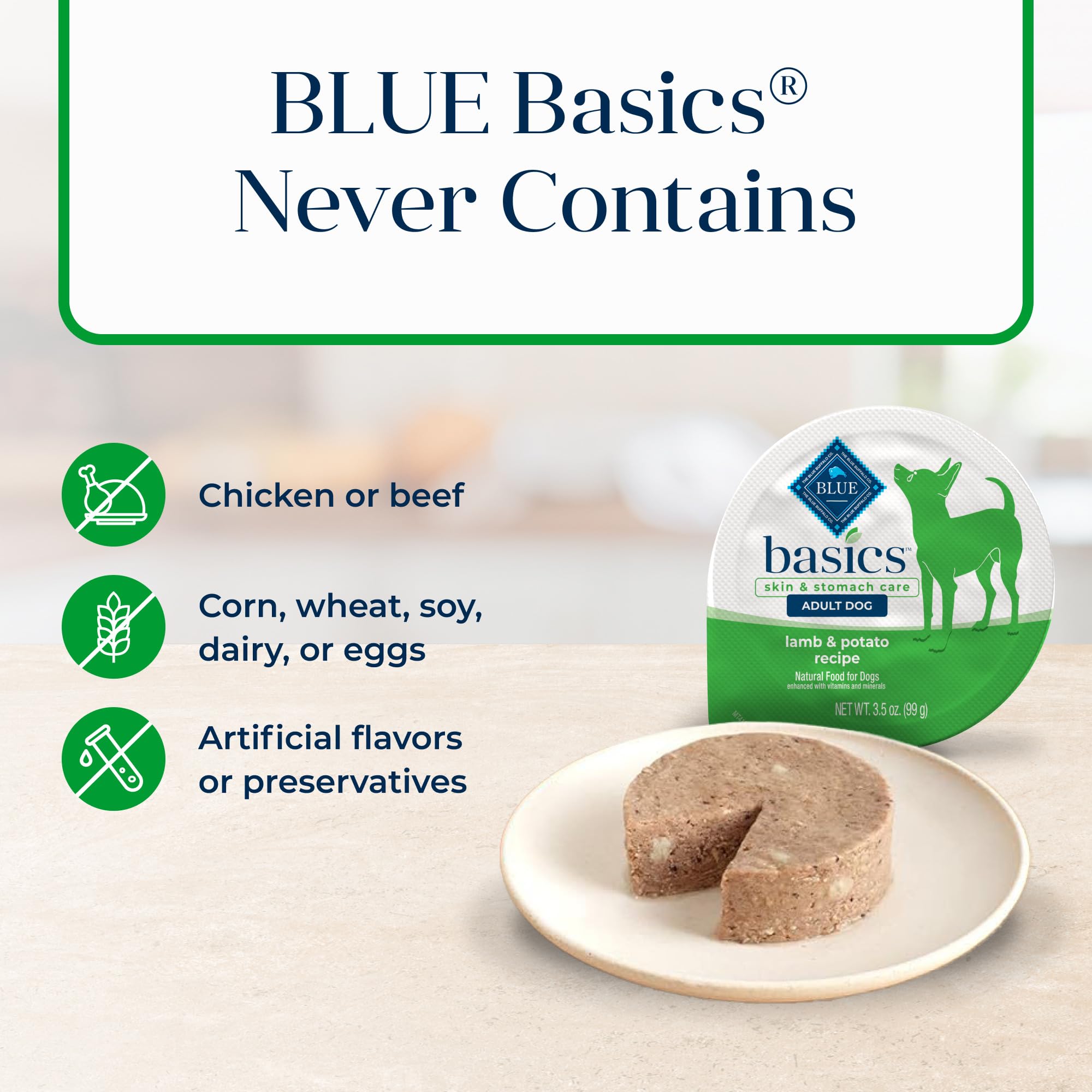 Blue Buffalo Basics Adult Small Breed Grain-Free Wet Dog Food for Skin & Stomach Care, Limited Ingredient Diet, Lamb Recipe, 3.5-oz. Cups (12 Count)