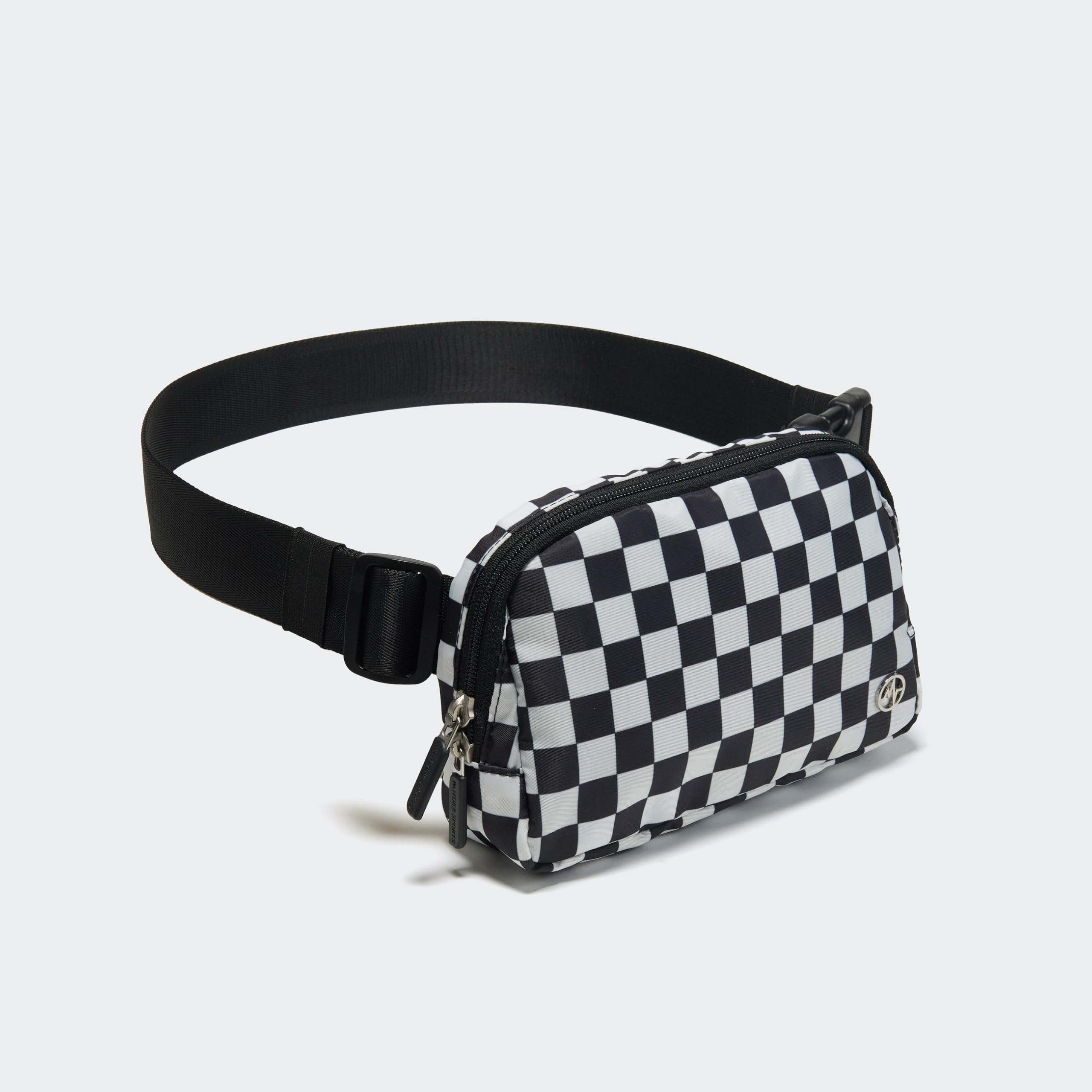 Pander Two Way Zipper Fanny Pack Nylon Everywhere Belt Bag for Women, Water Repellent Waist Packs, Crossbody Bags with Adjustable Strap (Checkered Black)