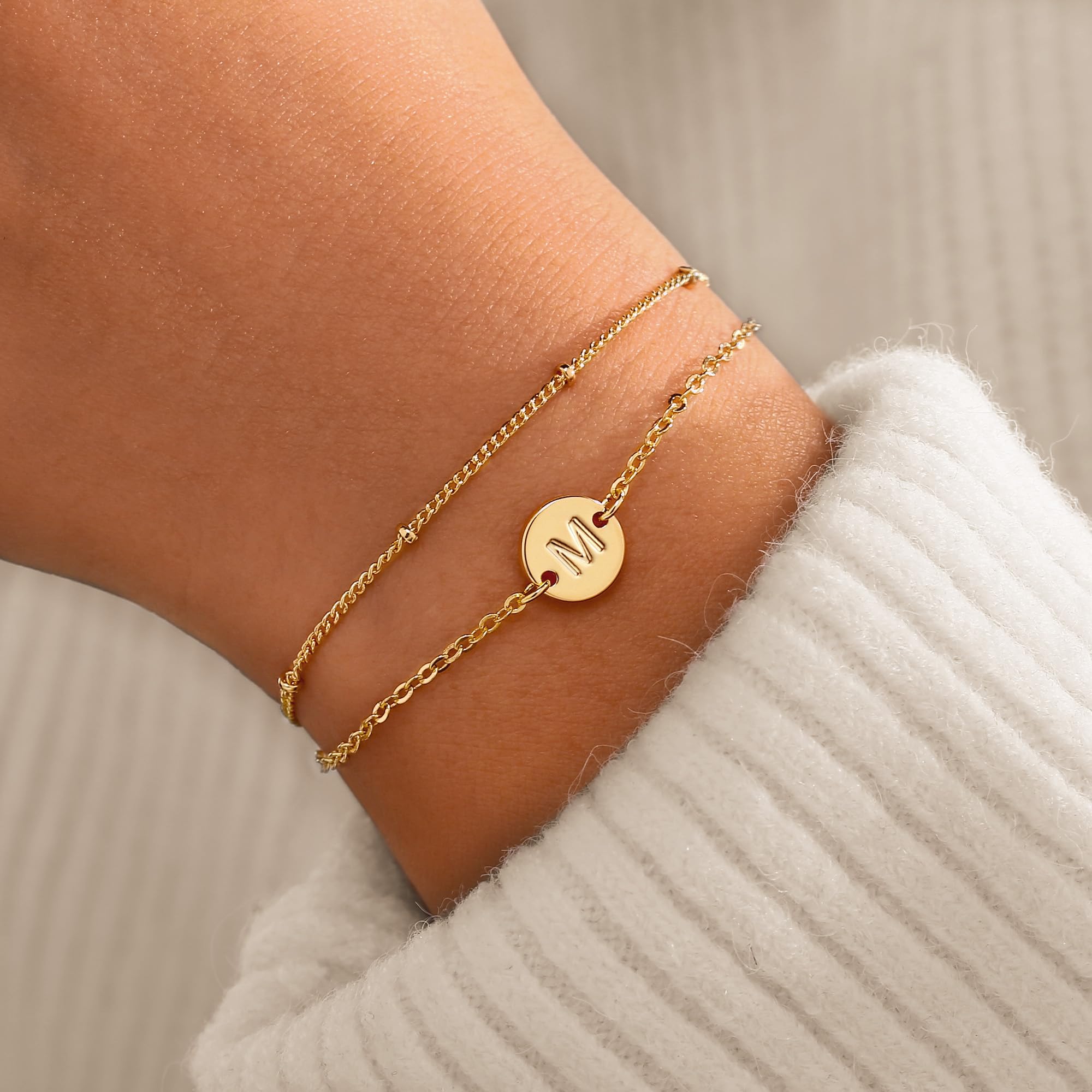 MONOZO Gold Initial Bracelets for Women Birthday Gifts - 18K Gold Plated Letter Bracelet Dainty Disc Letter M Initial Bracelets for Women Jewelry Gift Personalized Birthday Gifts for Mom Daughters