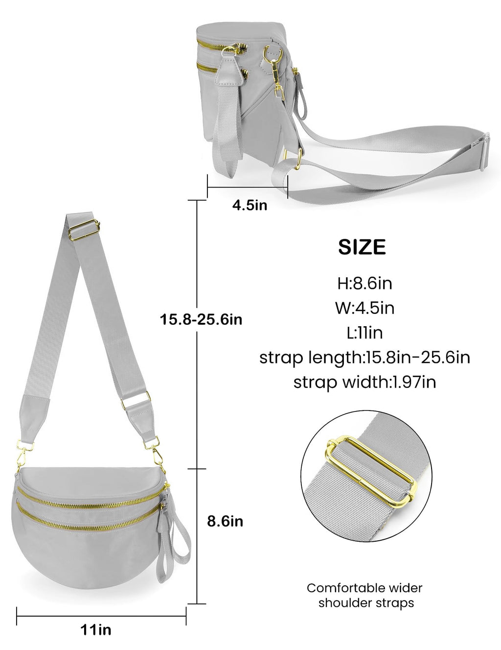FEIBOON Spacious Nylon Crossbody Bag Bum Bag Handbags Wallets Purses Trendy Shoulder Bag for Women (Light Gray)
