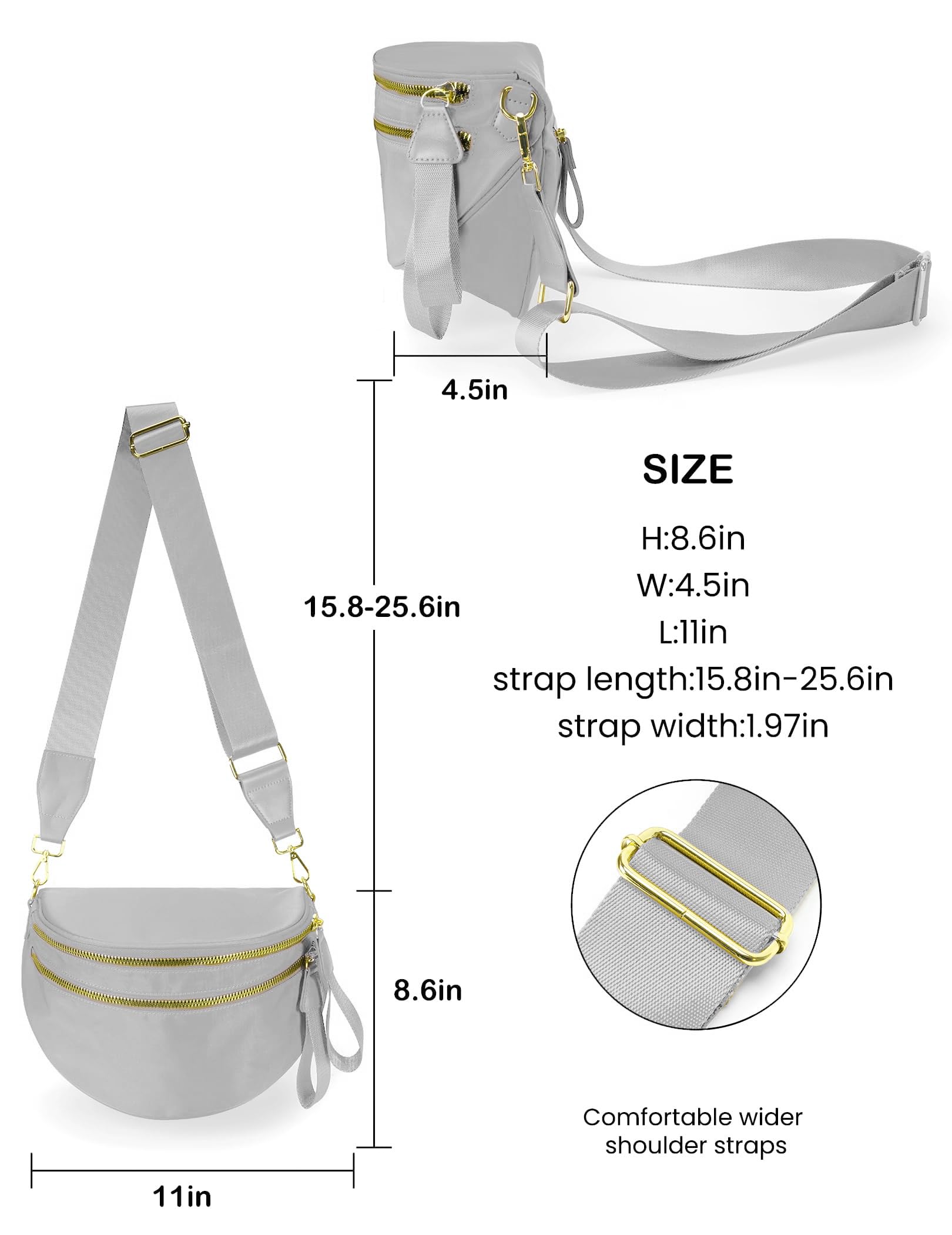 FEIBOON Spacious Nylon Crossbody Bag Bum Bag Handbags Wallets Purses Trendy Shoulder Bag for Women (Light Gray)