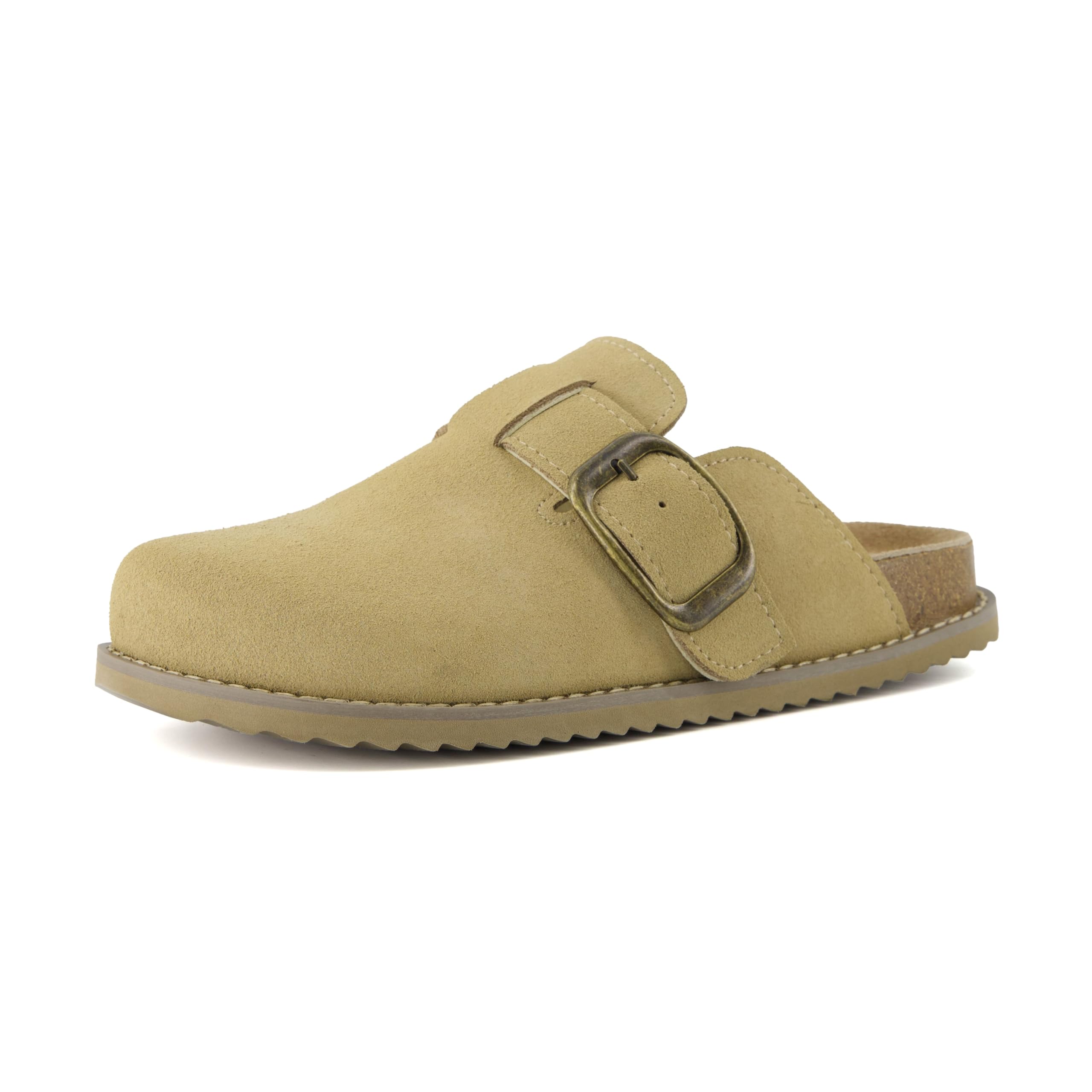 CUSHIONAIRE Blain Genuine Suede Clogs for Women | Slip-On Mules with Memory Foam & Oversized Buckle | Non-Slip Comfort Clogs & Mules Shoes for Women, Sand 10W