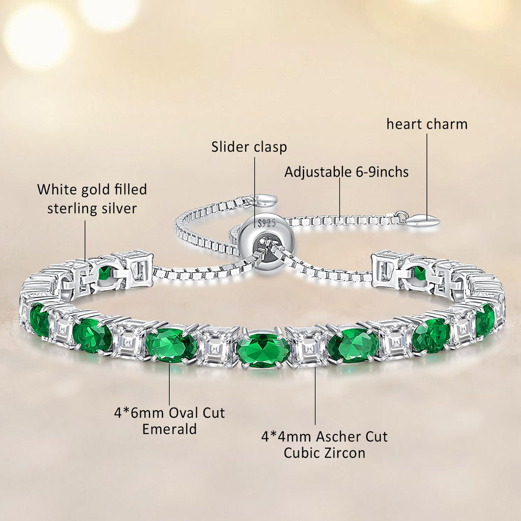 ETERMBOL Birthstone Tennis Bracelets for Women Emerald Bracelets for Women White Gold Bracelets May Birthstone 925 Sterling Silver Adjustable Chain 6-9 Inchs Jewelry Anniversary Birthday Gifts for Women Mom Wife Her
