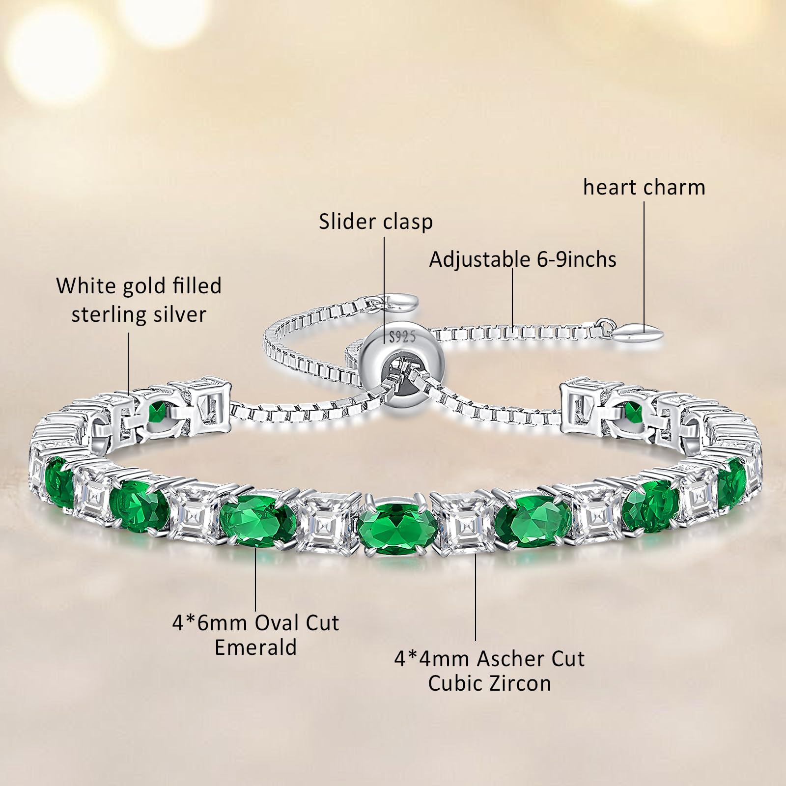 ETERMBOL Birthstone Tennis Bracelets for Women Emerald Bracelets for Women White Gold Bracelets May Birthstone 925 Sterling Silver Adjustable Chain 6-9 Inchs Jewelry Anniversary Birthday Gifts for Women Mom Wife Her