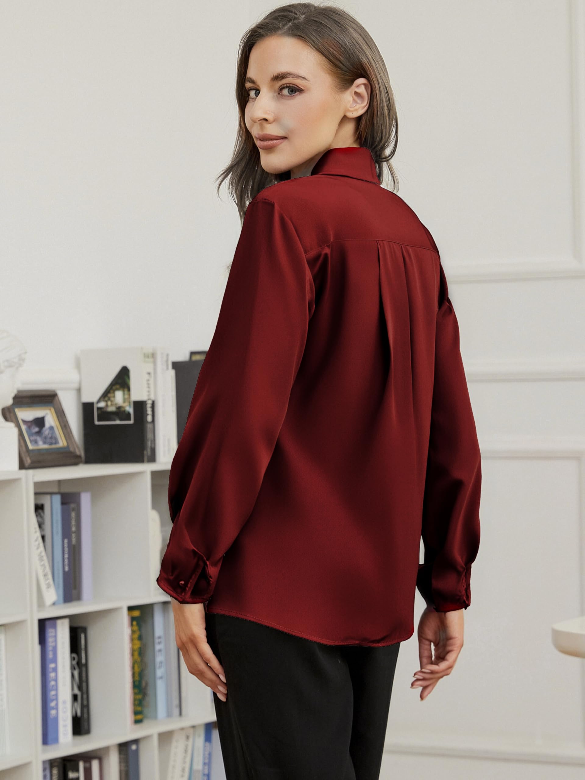 Damipow Satin Silk Button Down Shirts for Women Dress Shirts Long Sleeve Blouses Womens Shirt,Burgundy,M