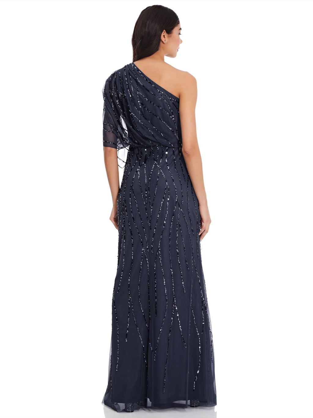 Adrianna Papell Women's Long Beaded Dress | Floor Length One Shoulder Sequin Gown with Bloused Bodice & Mermaid Skirt,Dusty Navy,2