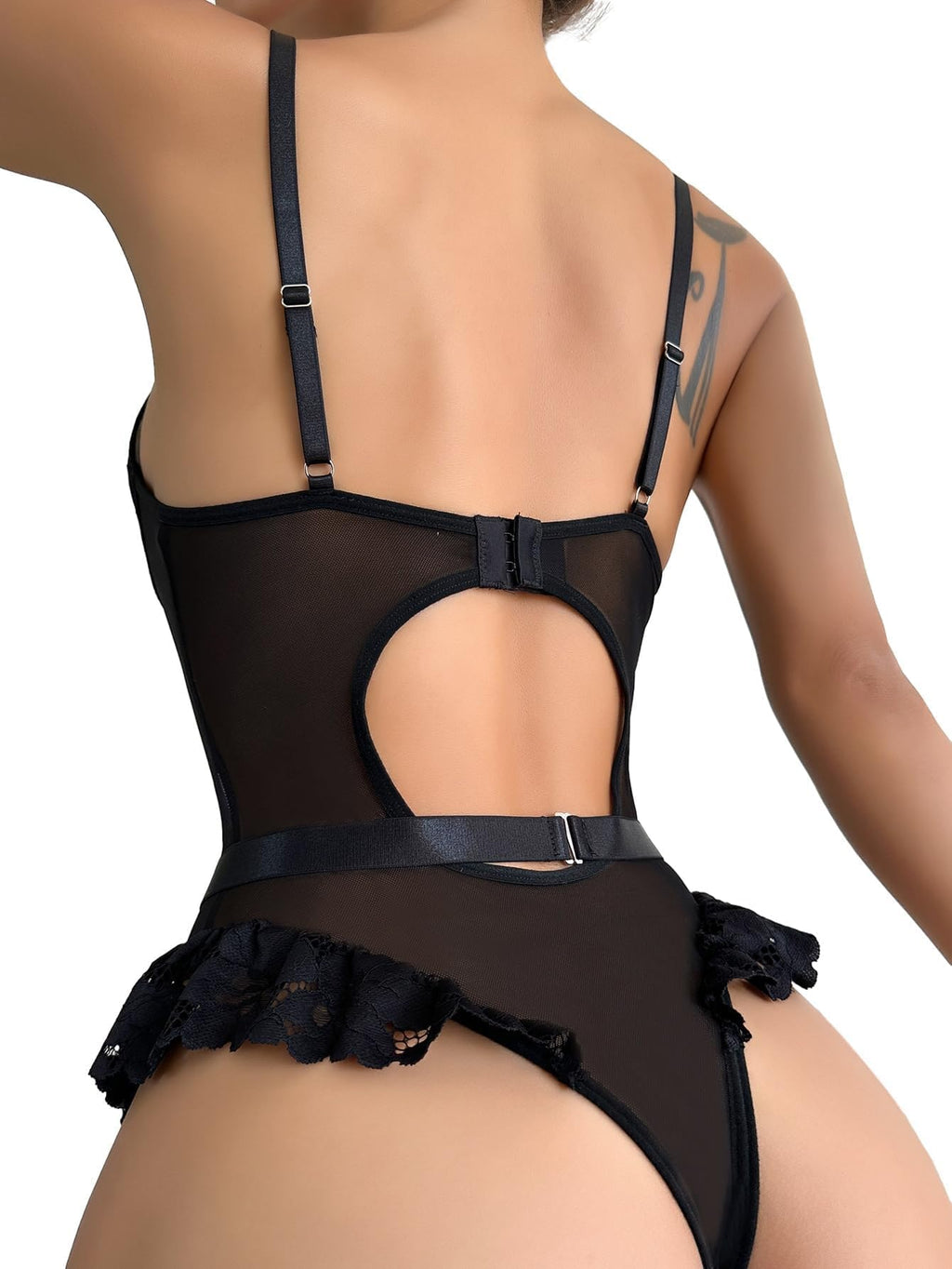 Lilosy Petite Sexy Stocking Lace Mesh Bodysuit Top Underwire Garter Lingerie Set One 3 Piece Bows Push Up Floral Sheer Women Teddy See Through Lenceria Black 3X-Small