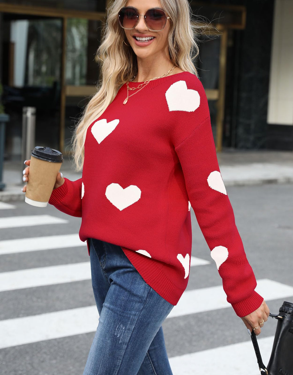 Drvitor Womens Pullover Sweaters Long Sleeve Crewneck Casual Pullover Cute Heart Pattern Knitted Sweater (Red&White, Small)