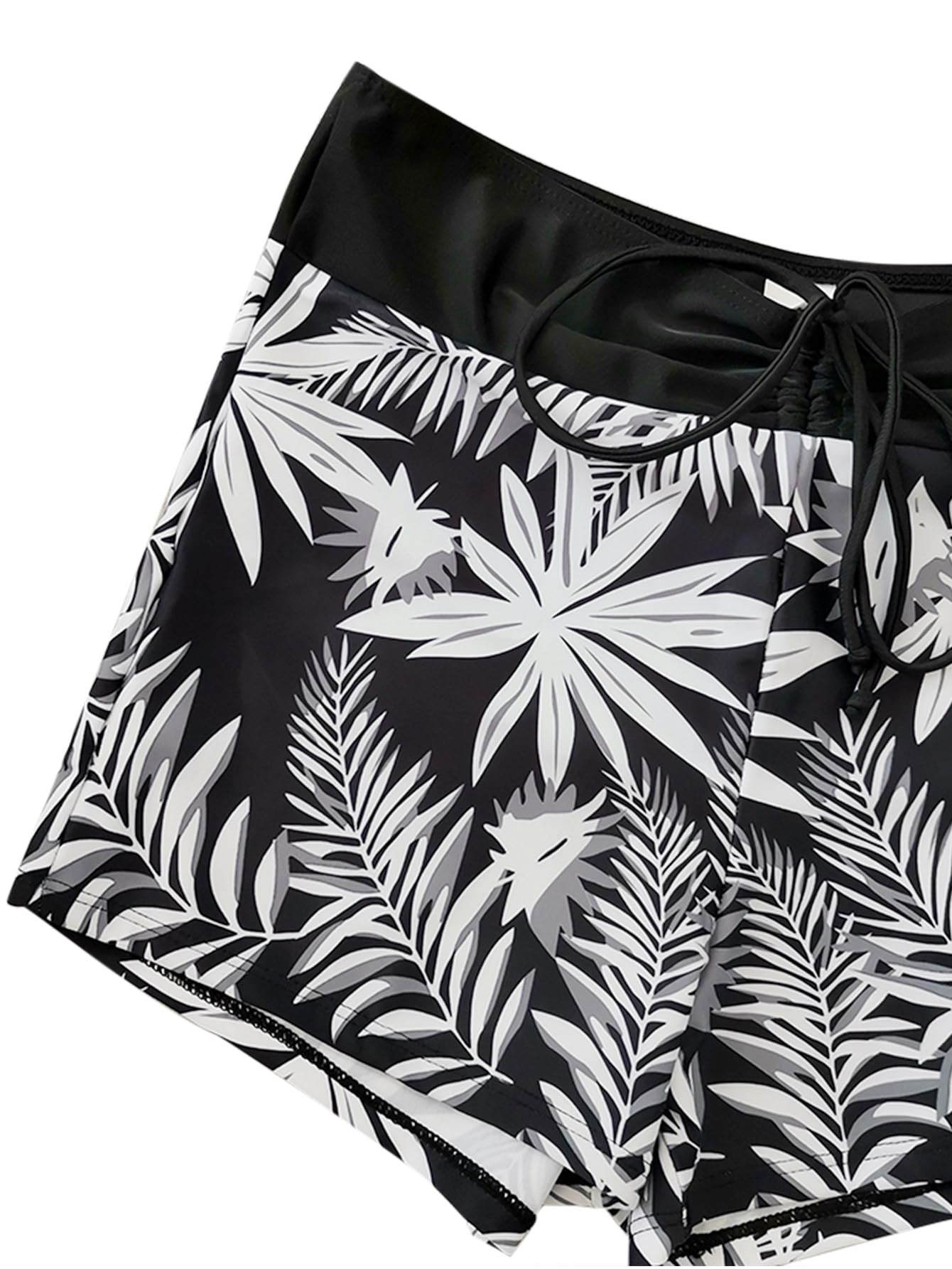Lilosy Tummy Control Drawstring High Waisted Bikini Set String Swimsuit Spaghetti Strap Cami Top and Tie Side Shorts 2 Piece Women Bathing Suit Leaf Black Small