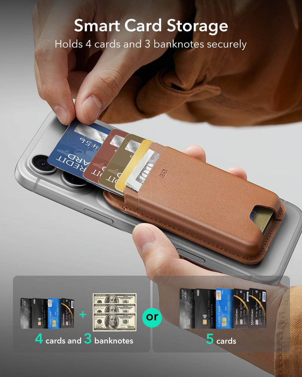 ESR for MagSafe Wallet, 5-Card Holder With RFID Blocking, MagSafe Sticker Included, Slim Magnetic Wallet for iPhone 17/16/15/14/13/12 Series and Selected Samsung Devices, Not for 13/12 Mini, Brown
