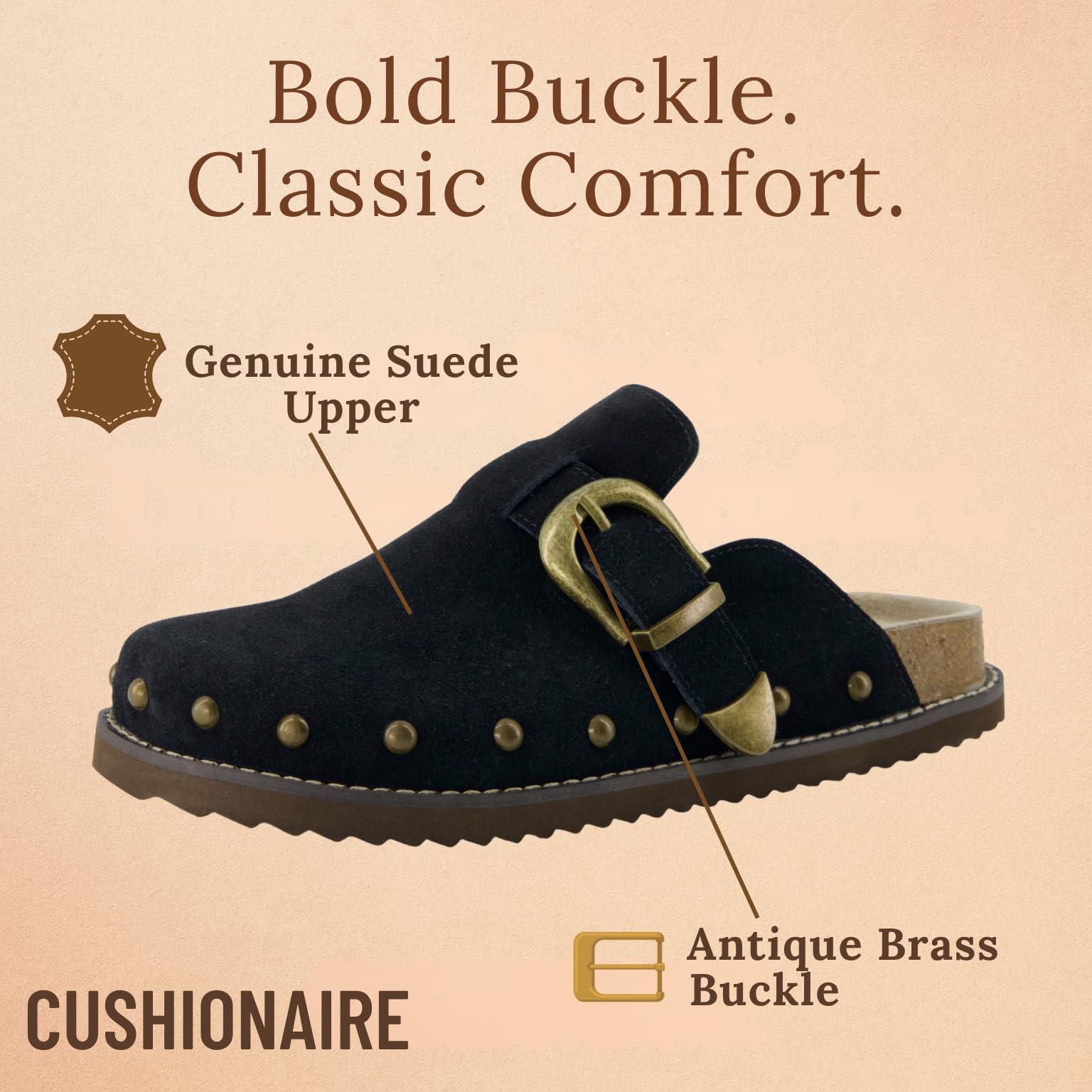 CUSHIONAIRE Bronco Slip On Mule Womens Shoes – Genuine Suede Leather Clogs with Adjustable Buckle and Studded Detailing, Stylish Shoes for Women, Black 11W