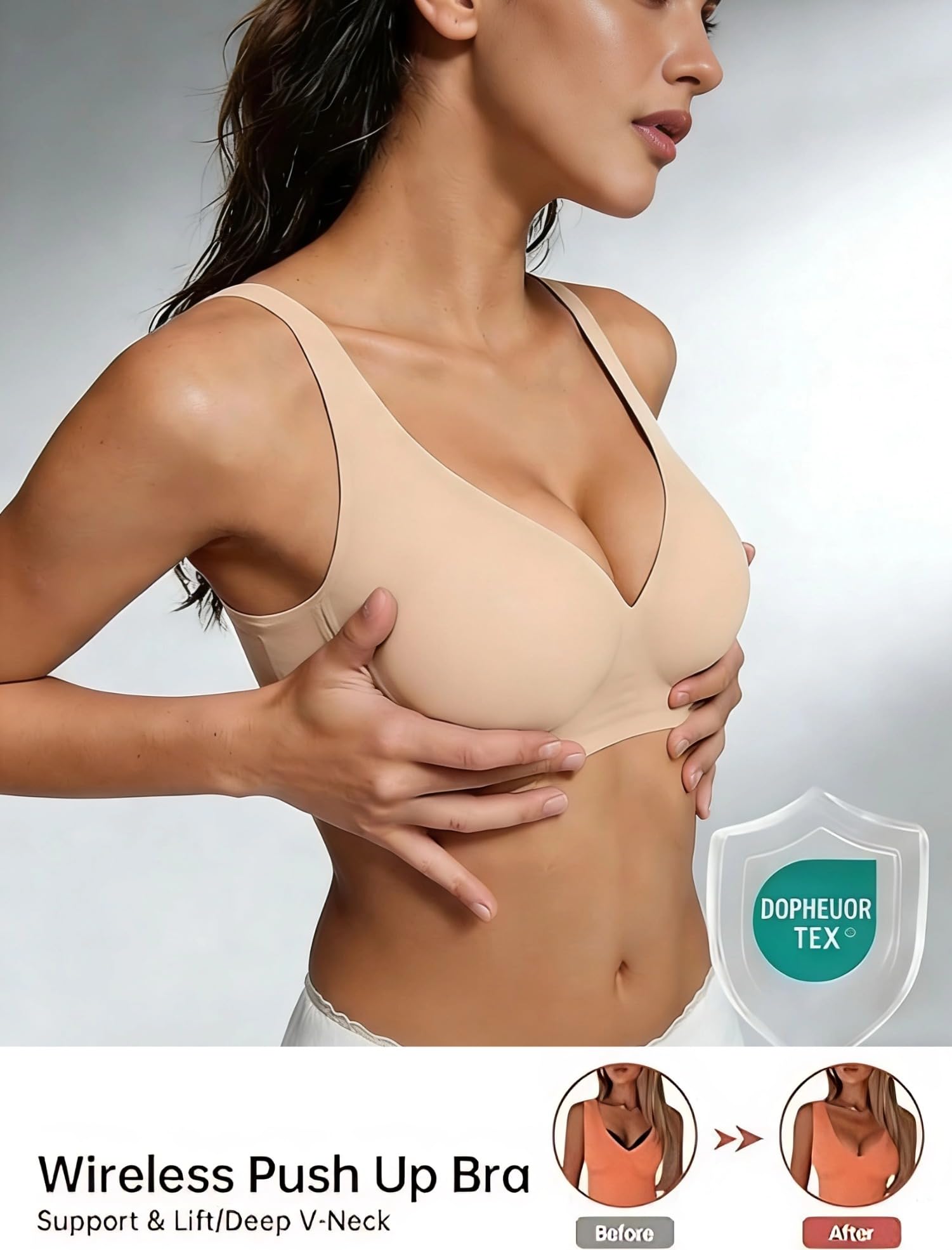 2026 Women Jelly Seamless Wireless Push Up Bras Deep V No Underwire Supportive Everyday Bra Full Coverage Plunge Bralettes Nude