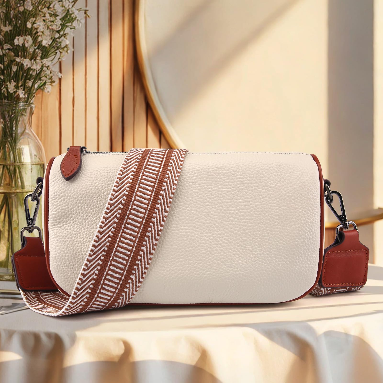 Leather Purse Crossbody Bag for Women: Genuine Leather Boho Purses for Women Trendy - Small Shoulder Cross Body Bag (06 Beige With Brown)
