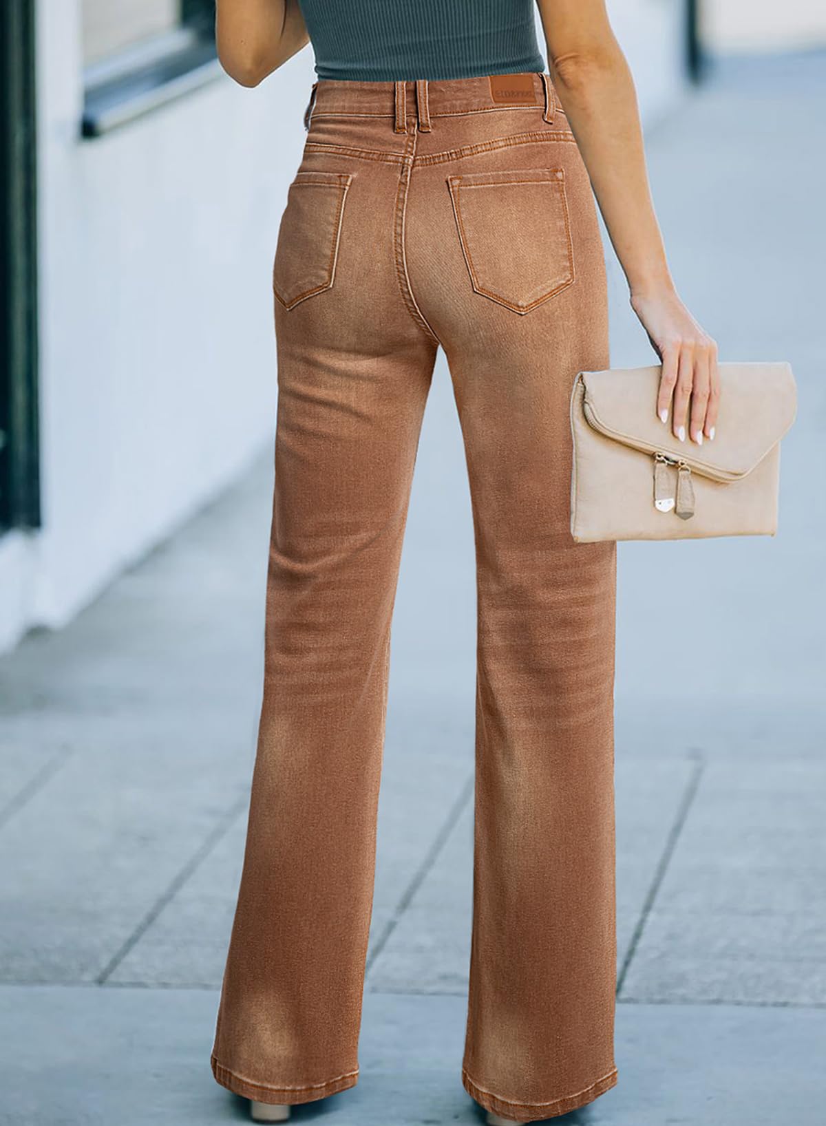 Sidefeel Women's Wide Leg Jeans Casual High Waisted Straight Denim Pants with Pockets Brown Size 12