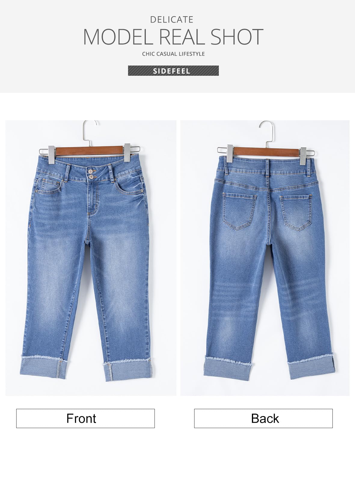Sidefeel Women's High Waisted Stretchy Skinny Roll-up Summer Cuffed Cropped Denim Capri Pants Light Blue Size 6