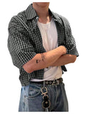 GORGLITTER Men's Gingham Cropped Shirt Short Sleeve Button Down Shirts Black Medium