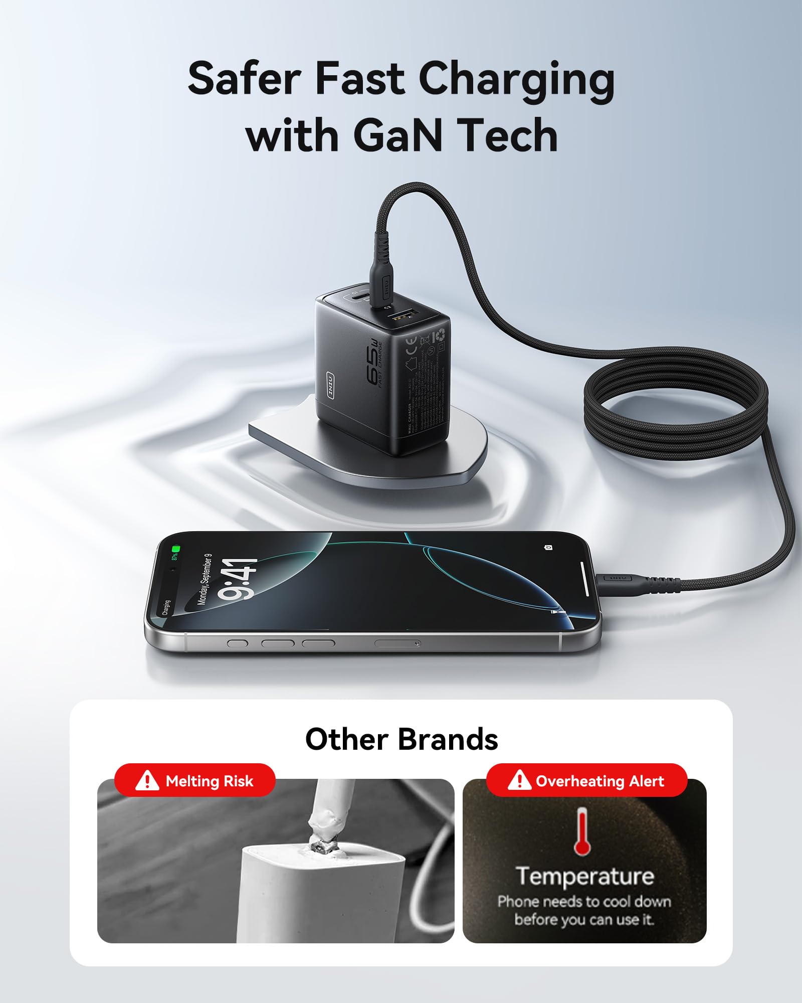 INIU 65W USB C Charger Block, 3-Port GaN Fast Charging Adapter with 100W Cable & Advanced Protection, Foldable Travel Charger for iPhone 17 16 15 Pro Max, iPad, Samsung S26 S25 Ultra, Pixel eReaders