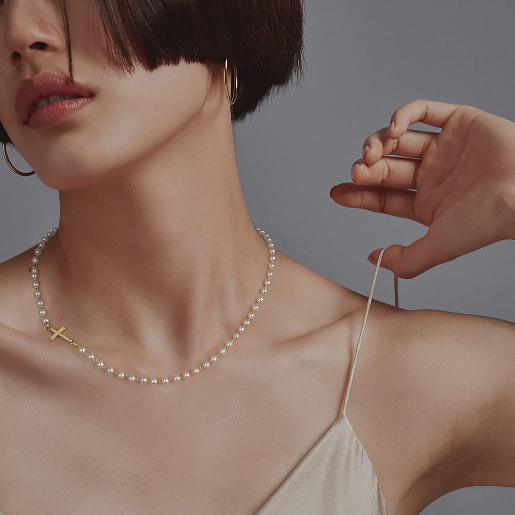 Tewiky 14K Gold Plated Cross Necklace for Women, Gold Pearl Necklace with Cross Pendant Dainty Sideway Cross Choker Necklace Trendy Faith Jewelry Religious Gifts