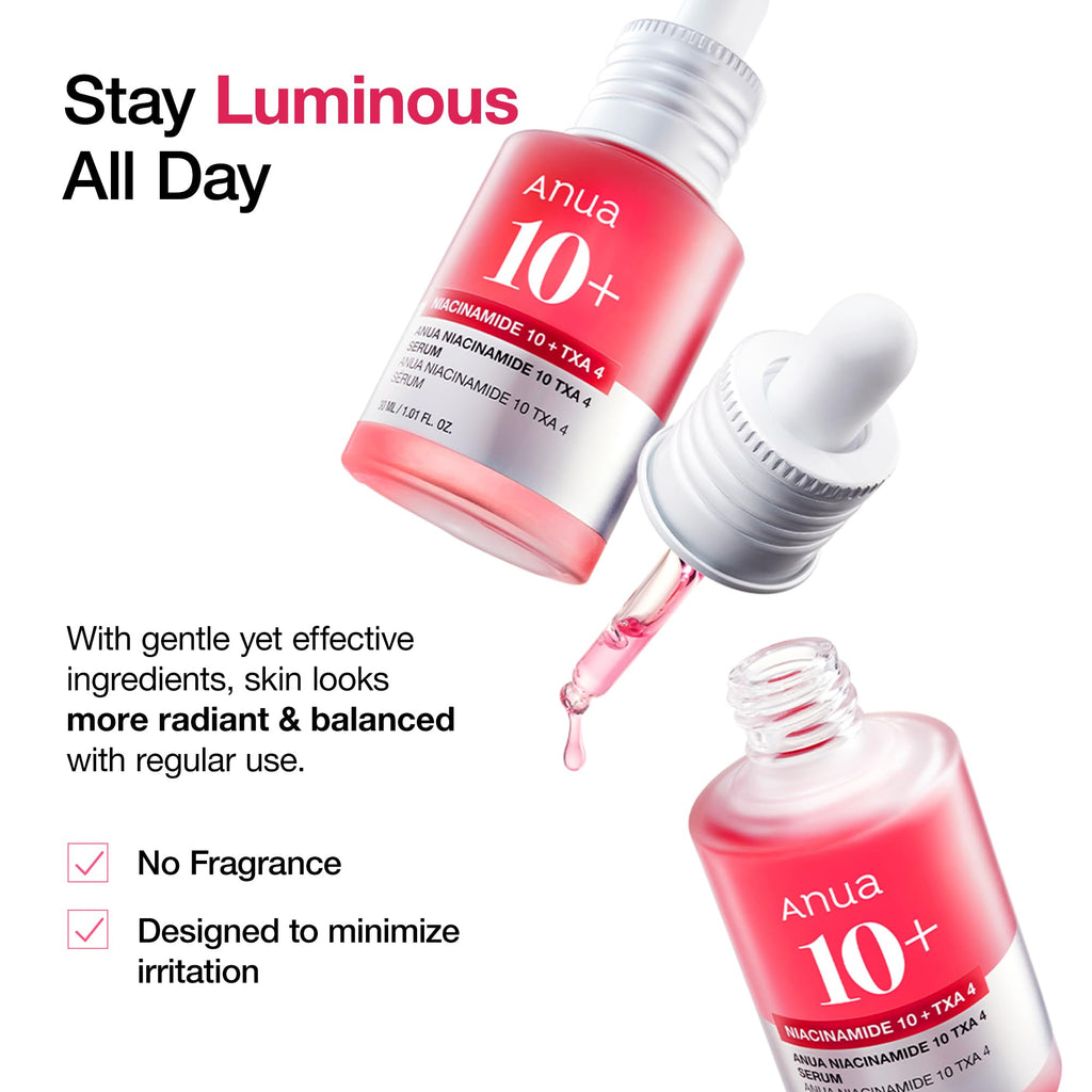 Anua Niacinamide 10 + TXA 4 Serum, Dark Spot Care, Hyaluronic Acid, Tranexamic Acid, Lightweight & Hydrating All-in-One Daily Facial Serum for Glass Skin, Korean Skincare, 1.01 fl.oz