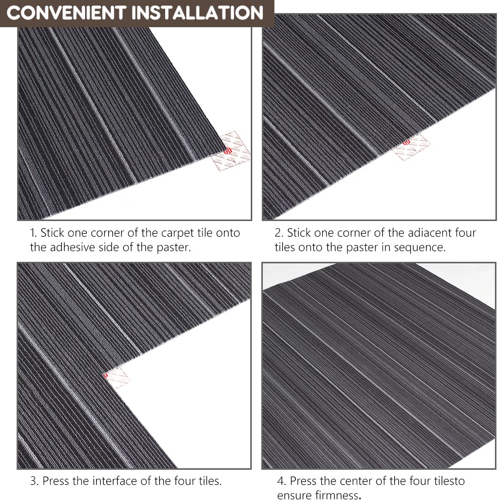 LITA Carpet Tiles Reusable 24" x 24" Squares Indoor/Outdoor 0.25" Pile Height Loop Pile, Non Slip Easy DIY Installation Peel and Stick Carpet Tile, Black, (18 Tiles) (72 sqft/Box)