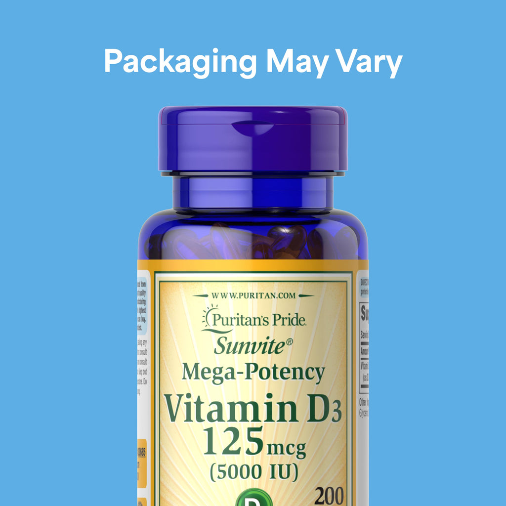 Puritan's Pride Premium Sunvite™ Mega-Potency Vitamin D3 5,000 IU, Dietary Supplement for Healthy Bones, Teeth, and Immune System Support, 200 Rapid Release Softgels (Packaging May Vary)