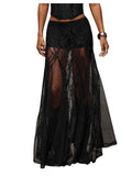 WDIRARA Women's Sexy See Through Sheer Lace Maxi Skirt Low Waist Ruffle Hem A Line Flowy Skirt Black X-Small
