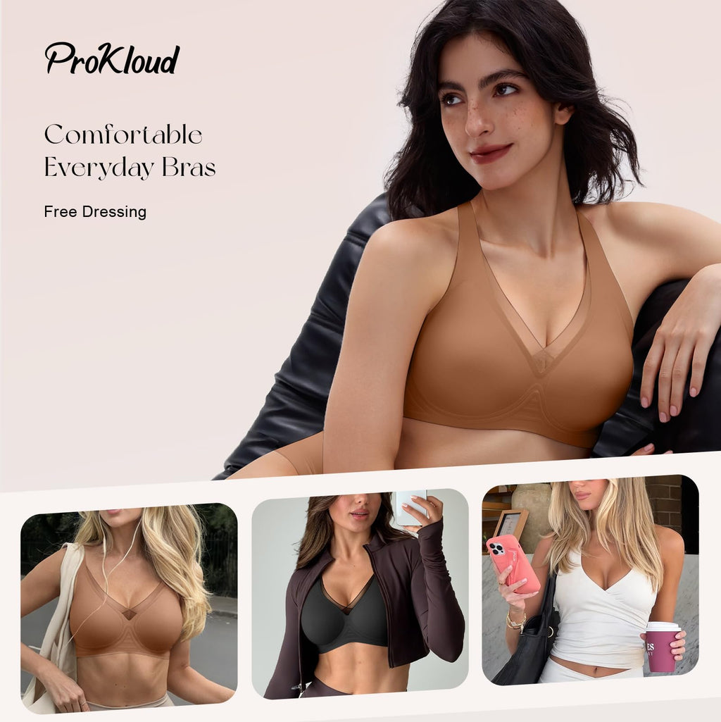 ProKloud Wireless Bra for Women No Underwire Deep V Mesh Bras Seamless Comfortable Push Up Bralettes with Support and Lift