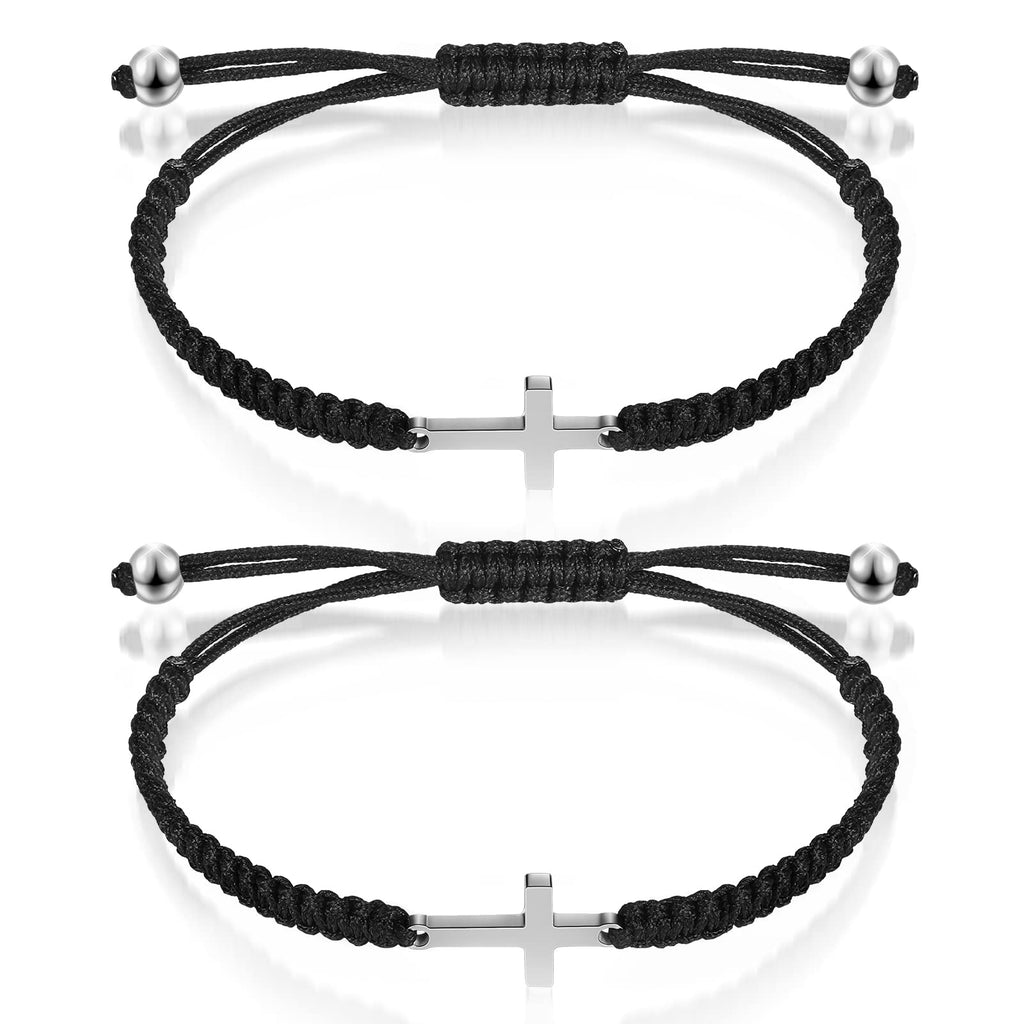Sureio Cross Friendship Bracelet Adjustable Braided Rope Jesus Christian Cross Bracelets Matching Couple String Lucky Strand BFF Wristband for Women Men Boy Girls Easter Baptism (Black)