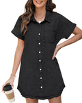 Denim Dresses for Women 2025 Trendy Midi Jean Shirt Casual Short Sleeve Button Down Babydoll Fitted Dress Pockets Knee Length Summer Ladies Black Large