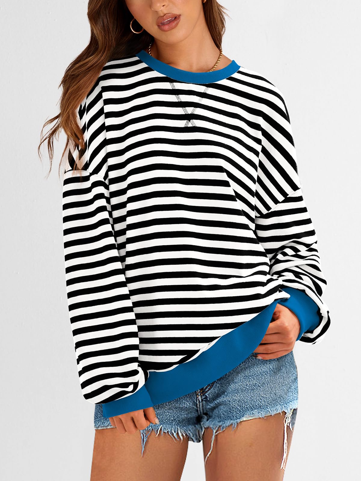 PRETTYGARDEN Women Striped Oversized Sweatshirt Color Block Crew Neck Long Sleeve Casual Pullover Top Spring Y2K Clothes (Black White, Small)