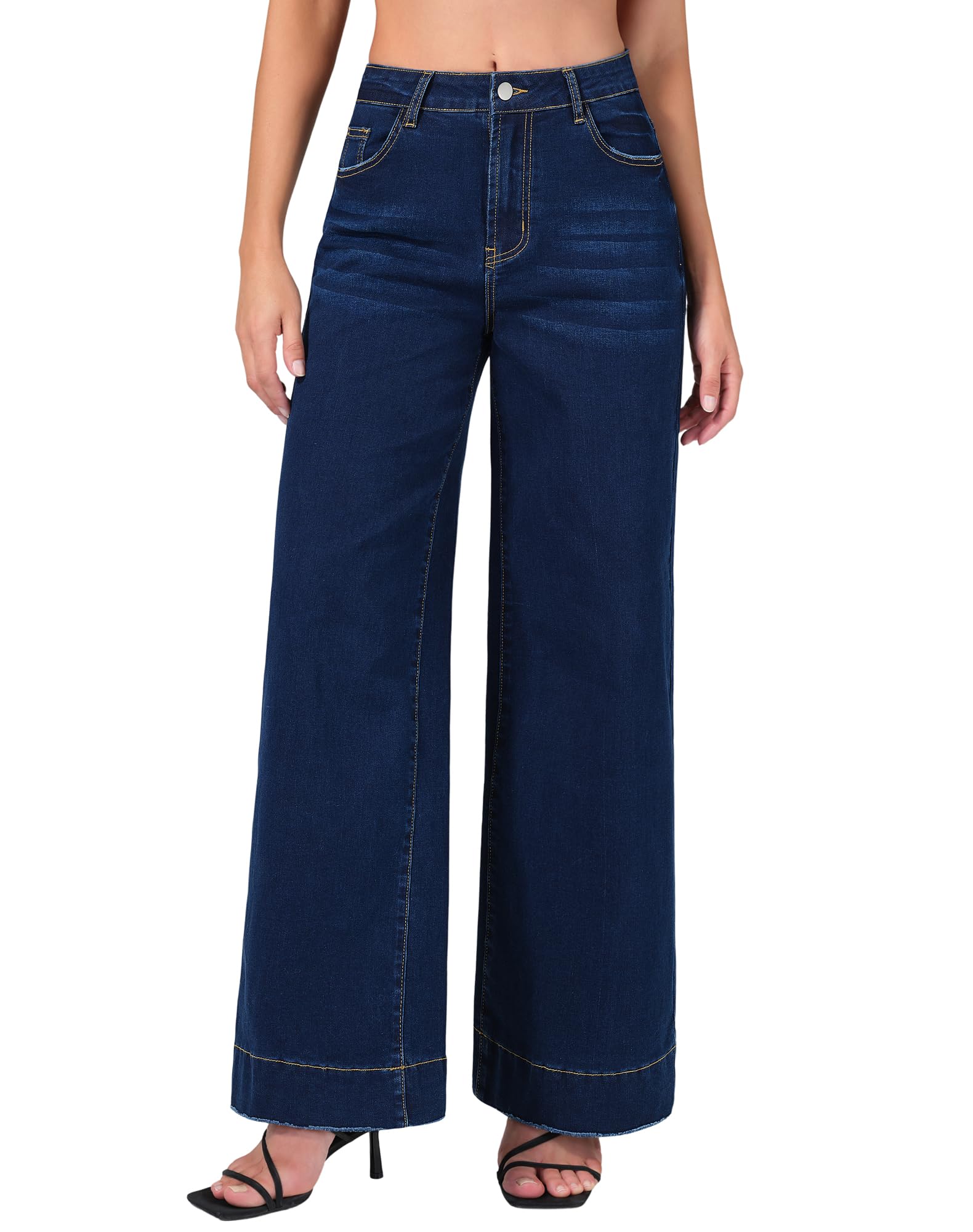 roswear Women's Wide Leg Jeans Casual High Waisted Stretchy Baggy Loose Long Trouser Jeans Classic195 Blue Large