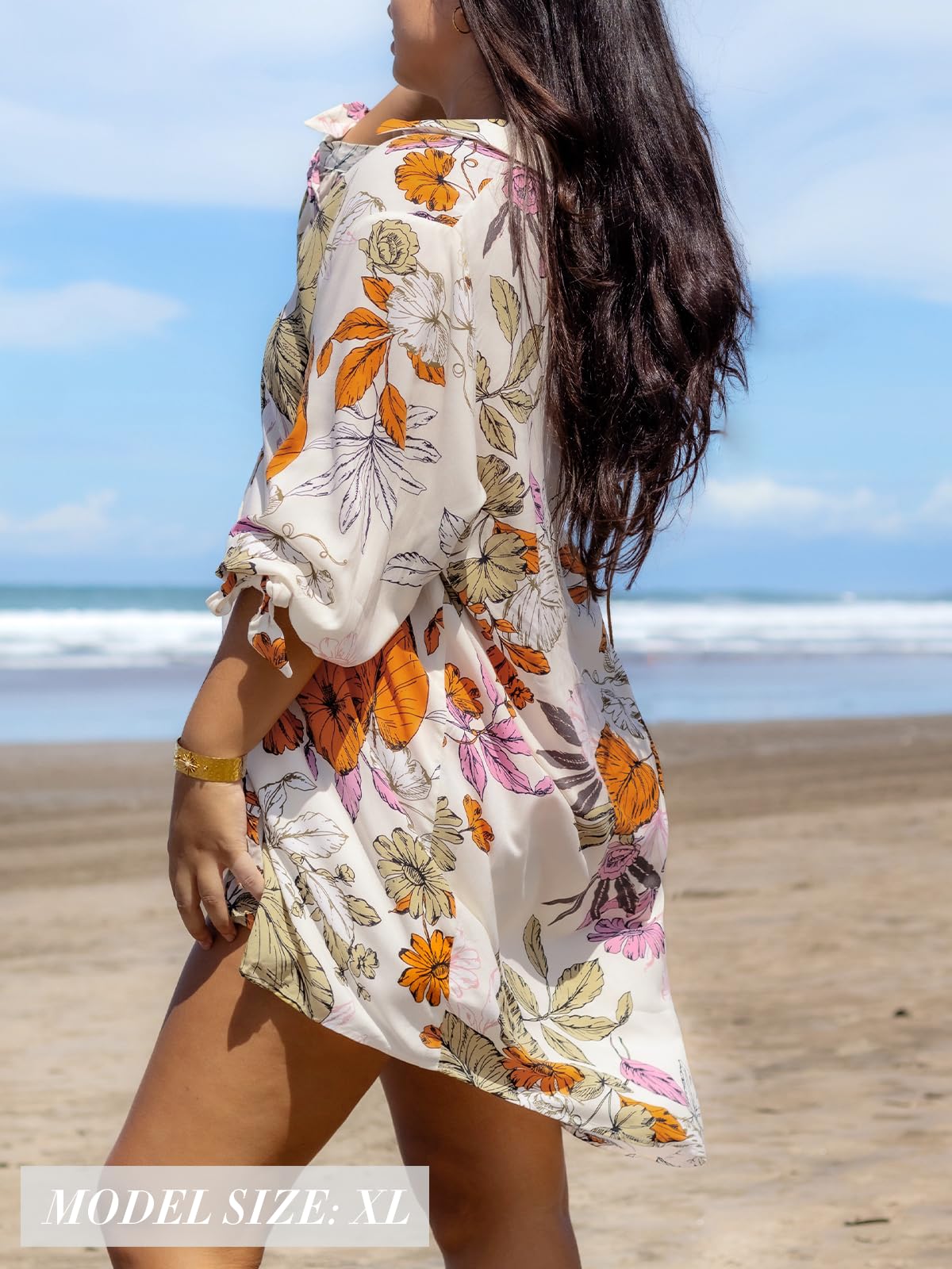 CUPSHE Women Floral Shirt Dress Cover Up Beach Dress 3/4 Sleeve Button Down Midi Length Dress White Yellow M